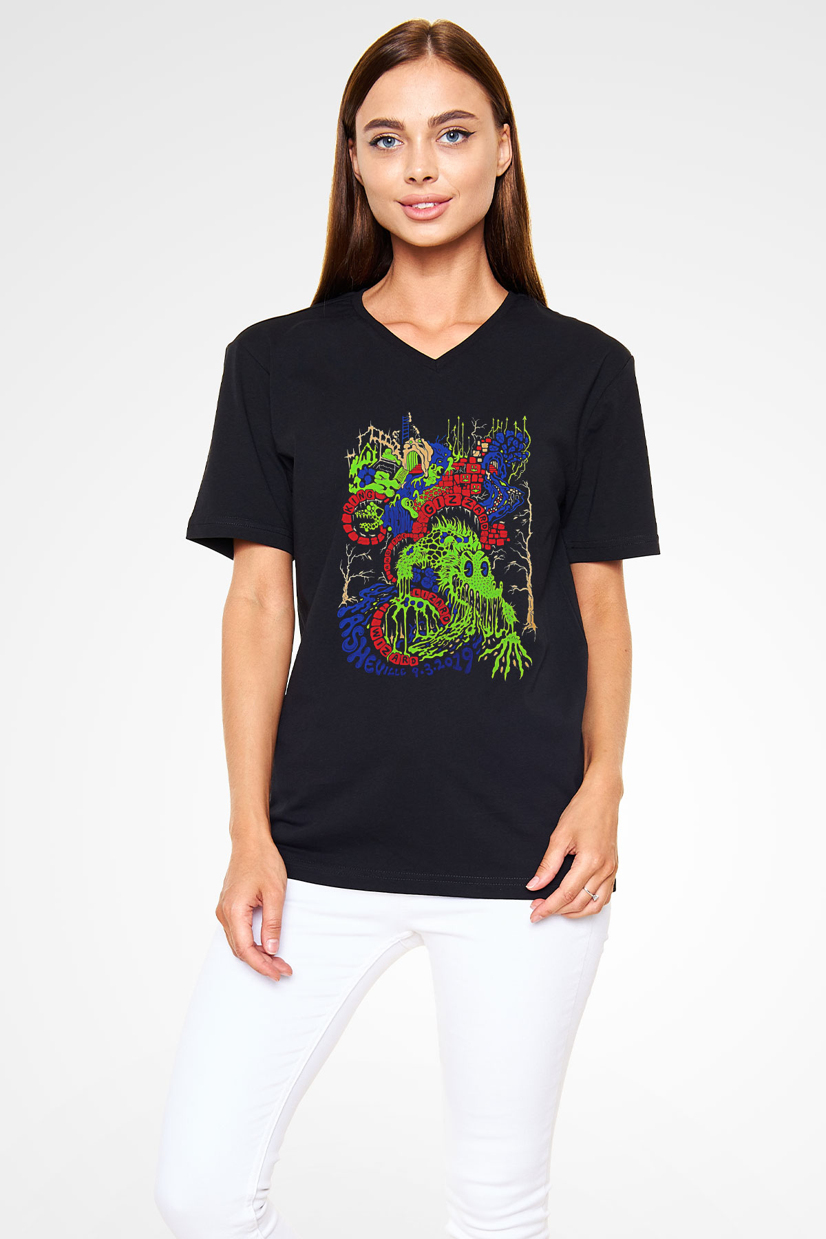 Khruanybin Baskılı Unisex Siyah V Yaka Tişört - Tshirt