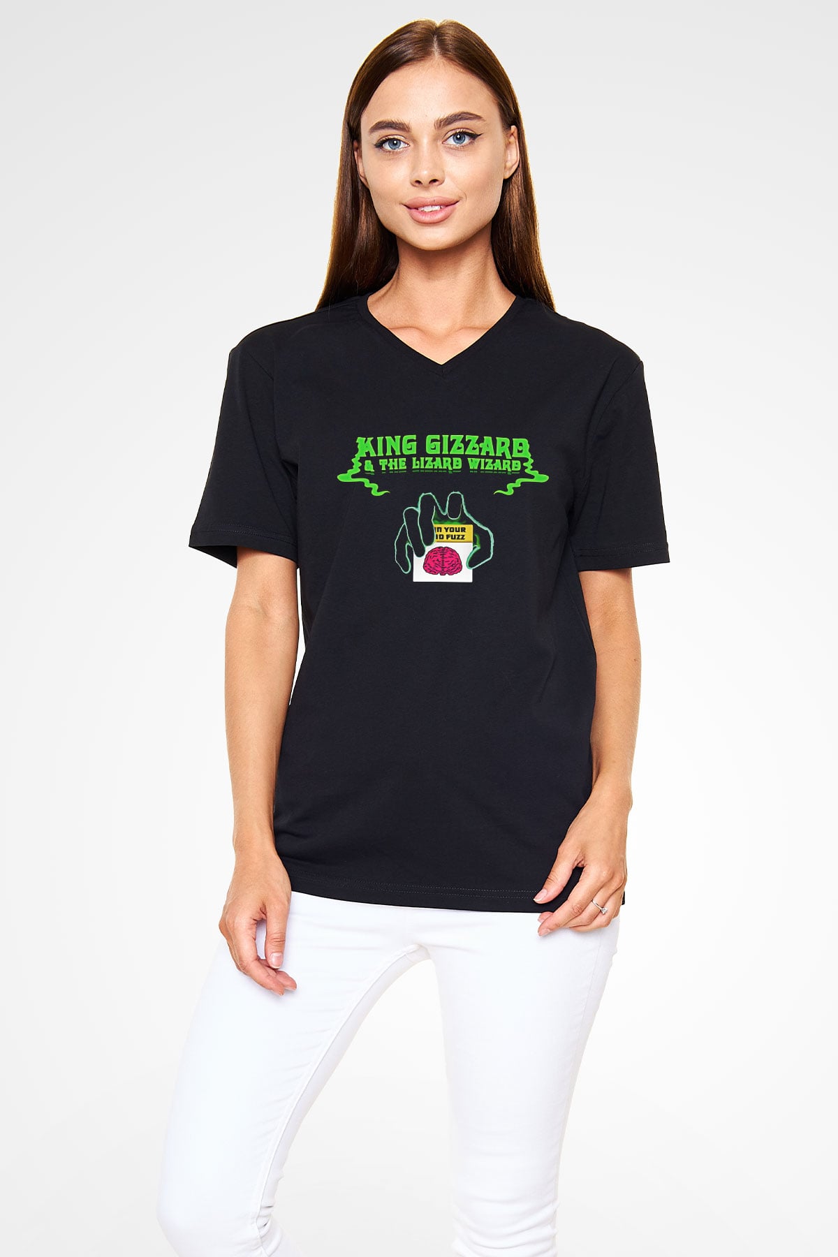 Khruanybin Baskılı Unisex Siyah V Yaka Tişört - Tshirt
