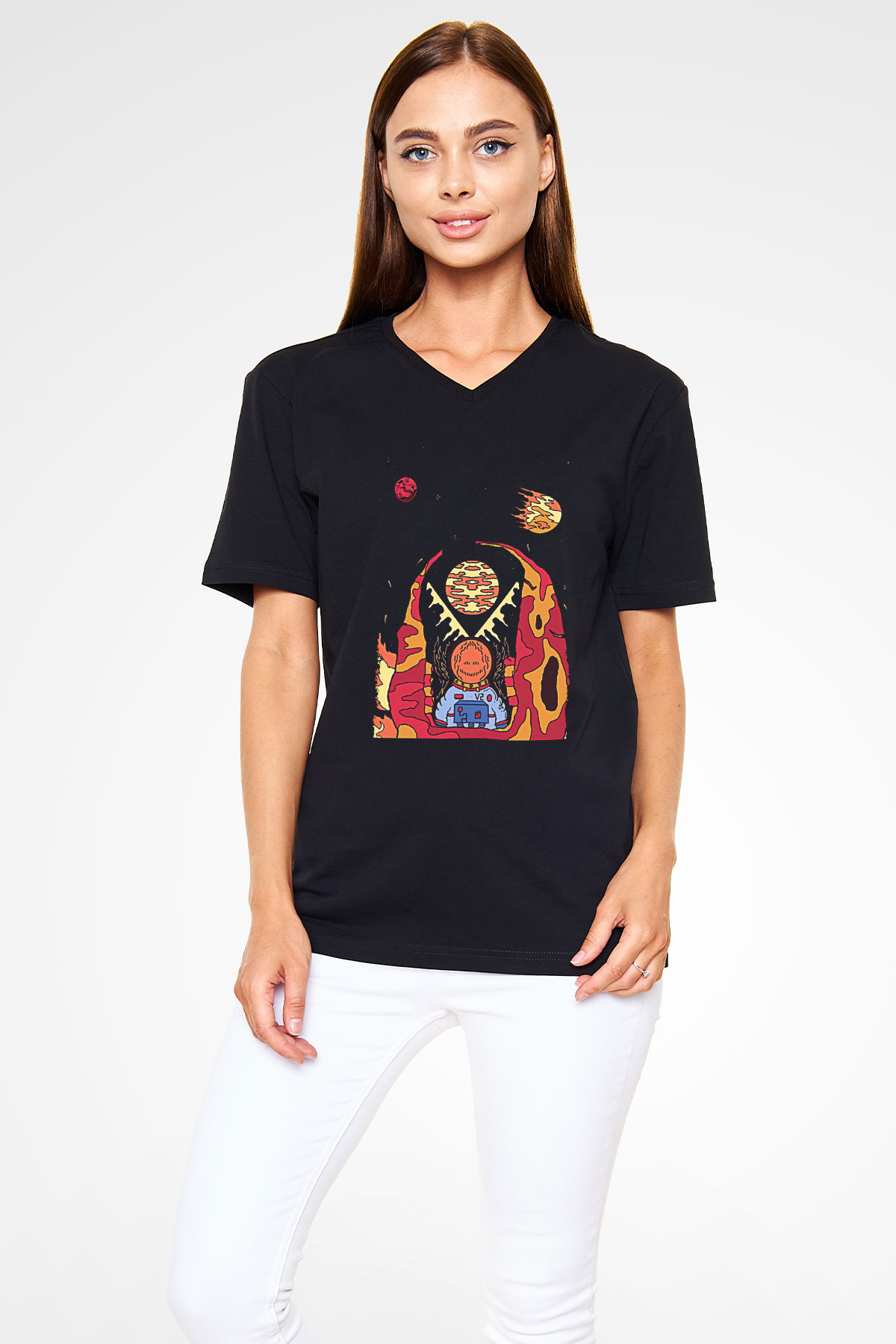 Khruanybin Baskılı Unisex Siyah V Yaka Tişört - Tshirt
