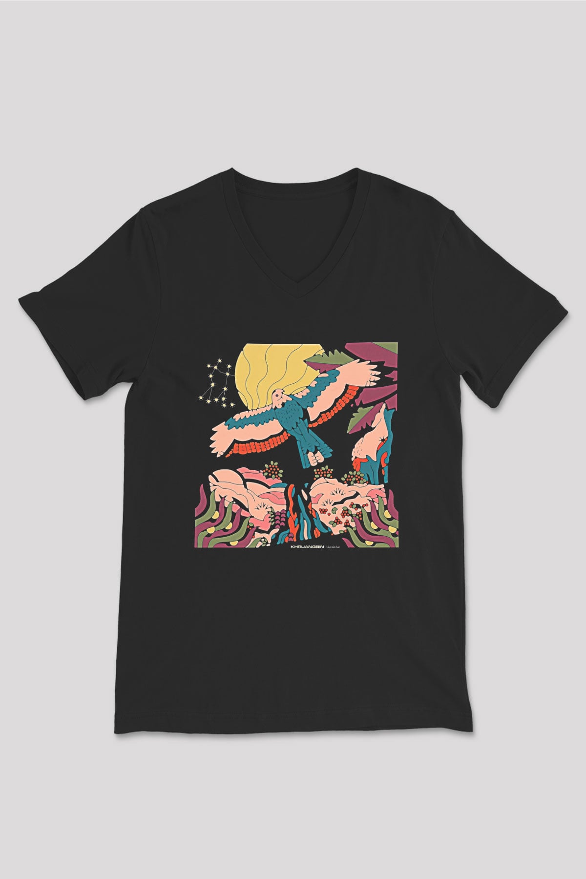 Khruanybin Baskılı Unisex Siyah V Yaka Tişört - Tshirt