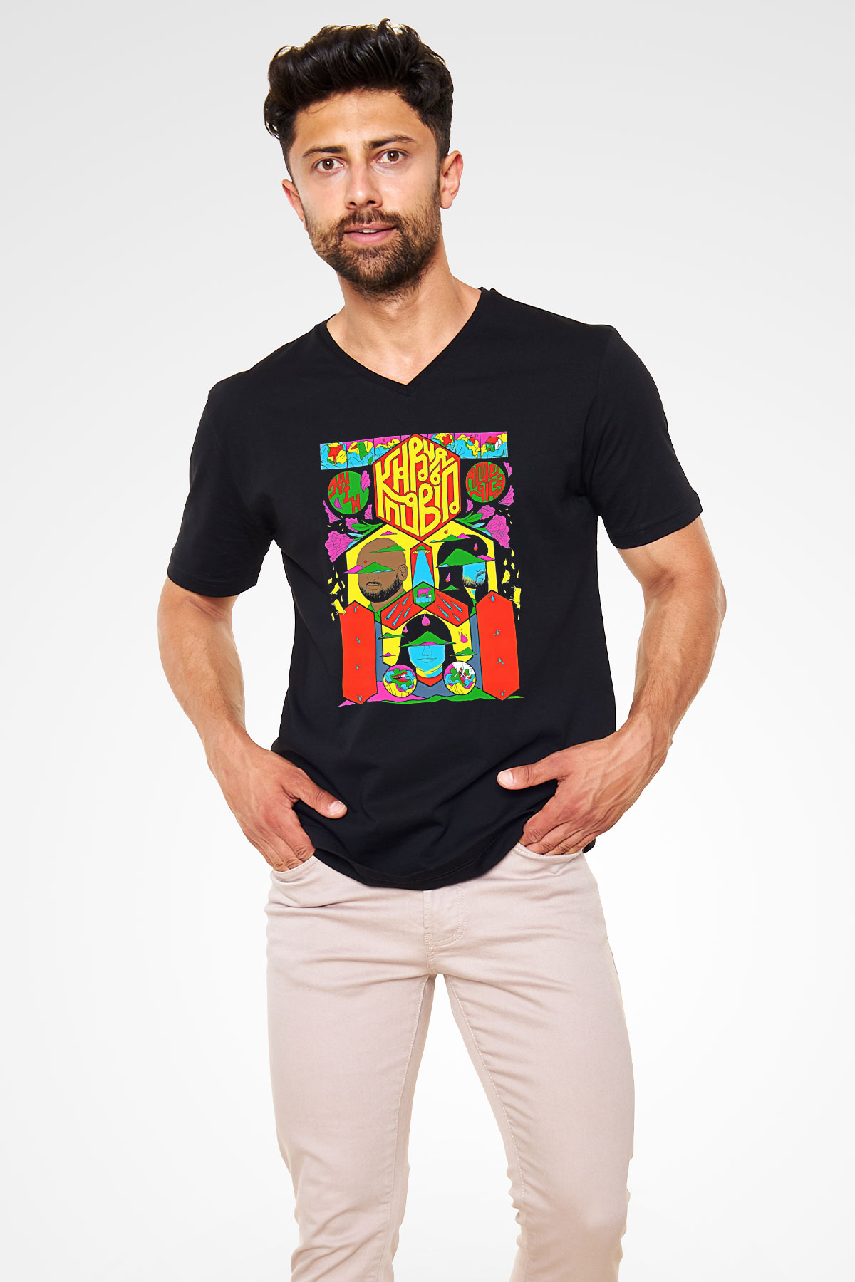 Khruanybin Baskılı Unisex Siyah V Yaka Tişört - Tshirt