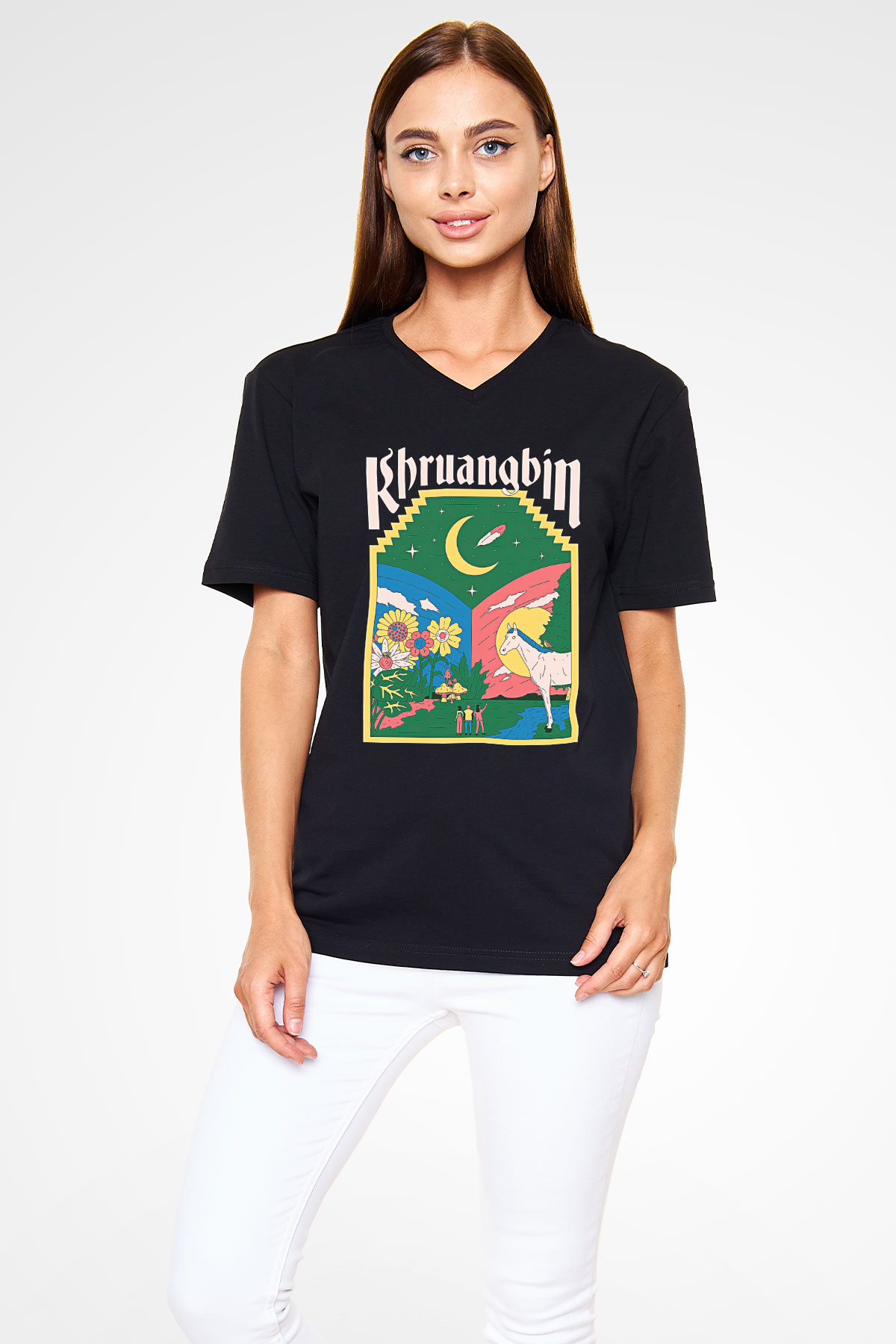 Khruanybin Baskılı Unisex Siyah V Yaka Tişört - Tshirt