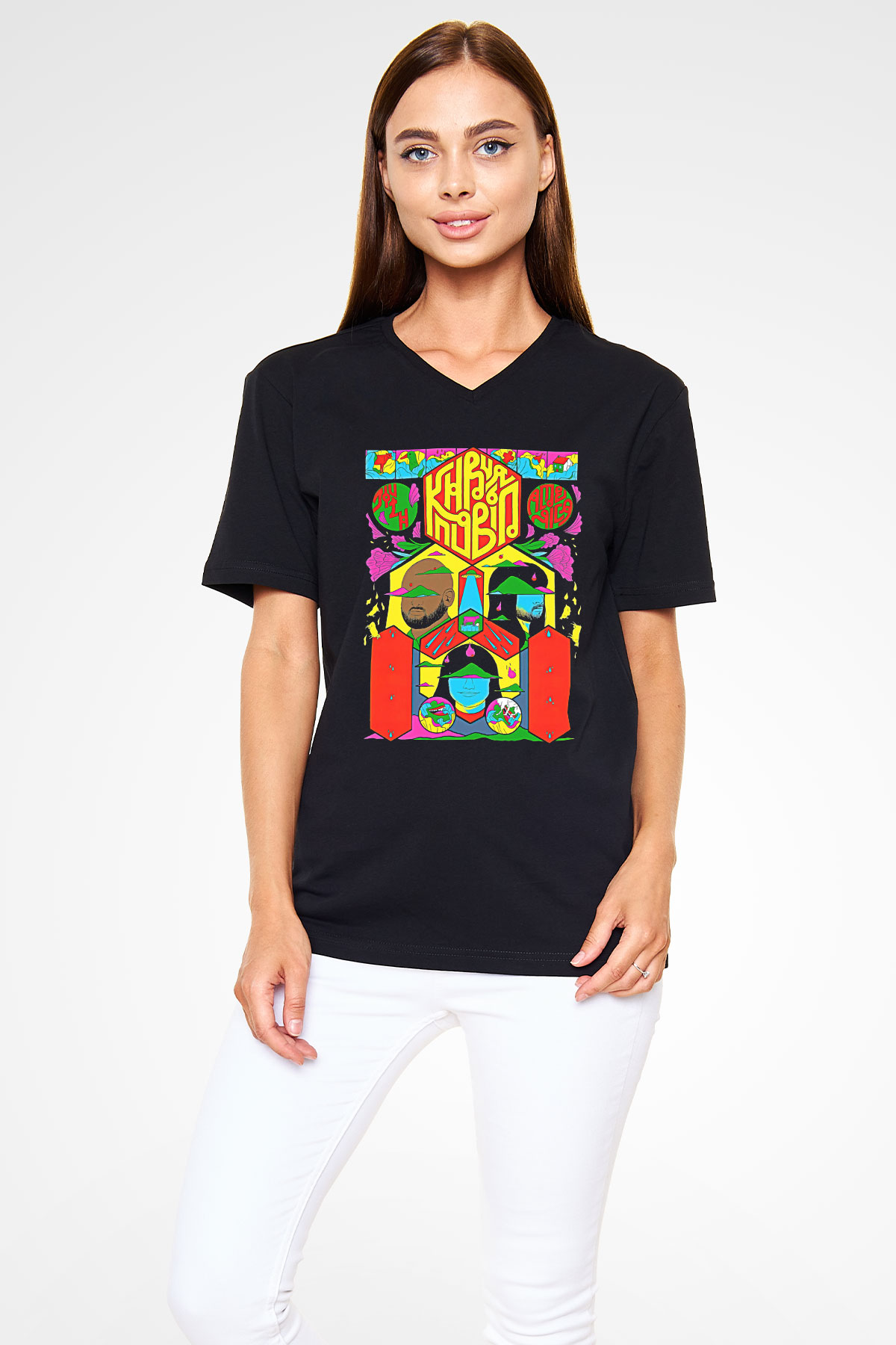 Khruanybin Baskılı Unisex Siyah V Yaka Tişört - Tshirt