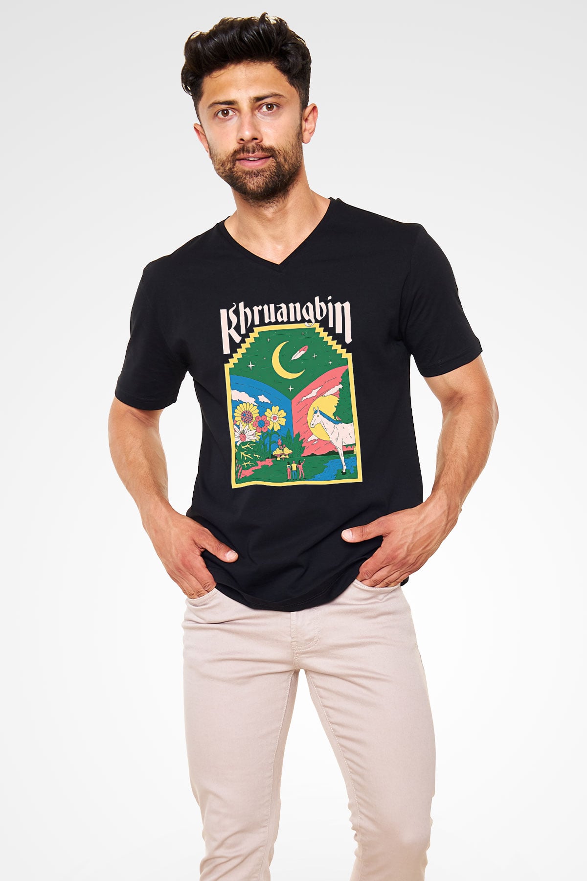Khruanybin Baskılı Unisex Siyah V Yaka Tişört - Tshirt