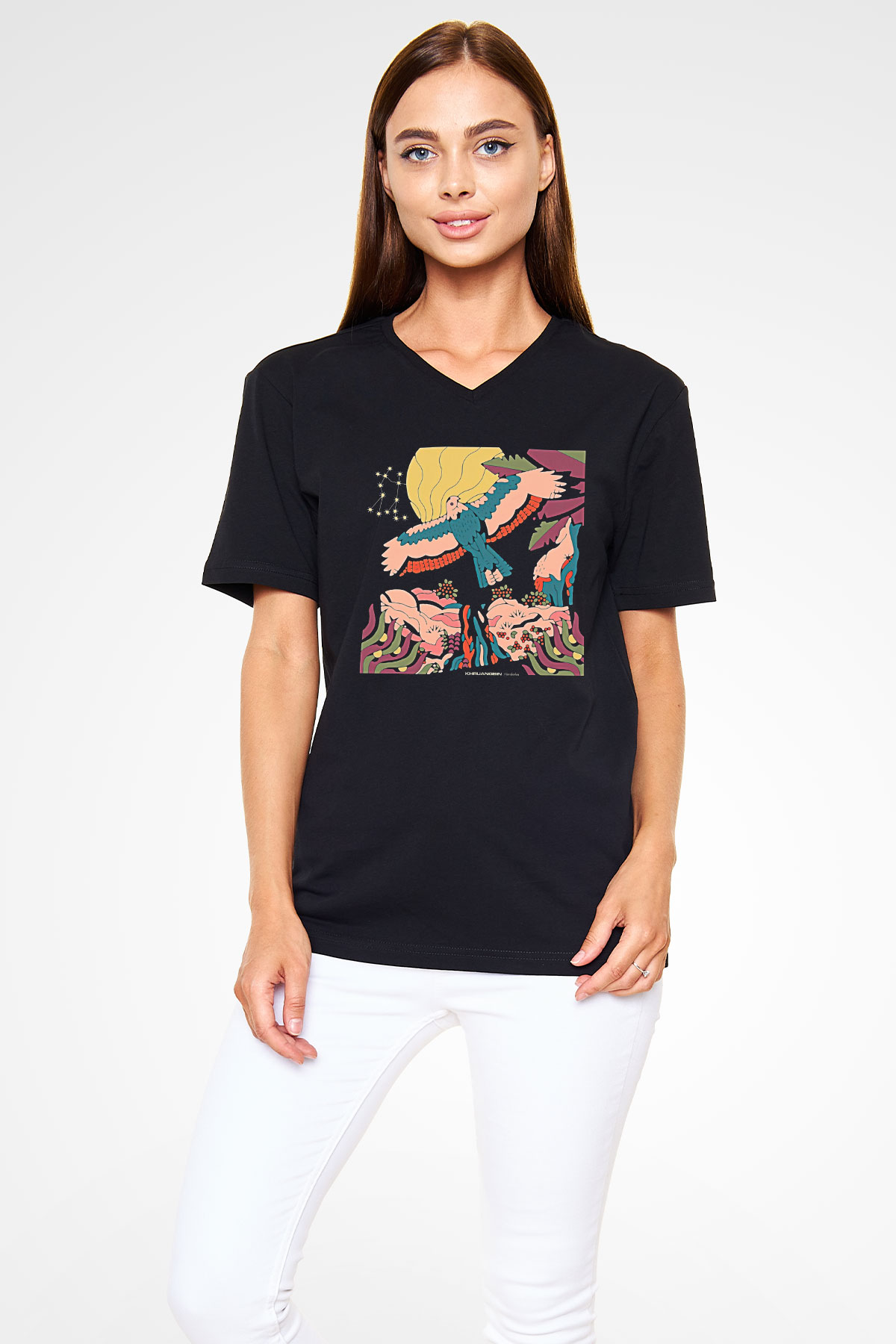 Khruanybin Baskılı Unisex Siyah V Yaka Tişört - Tshirt