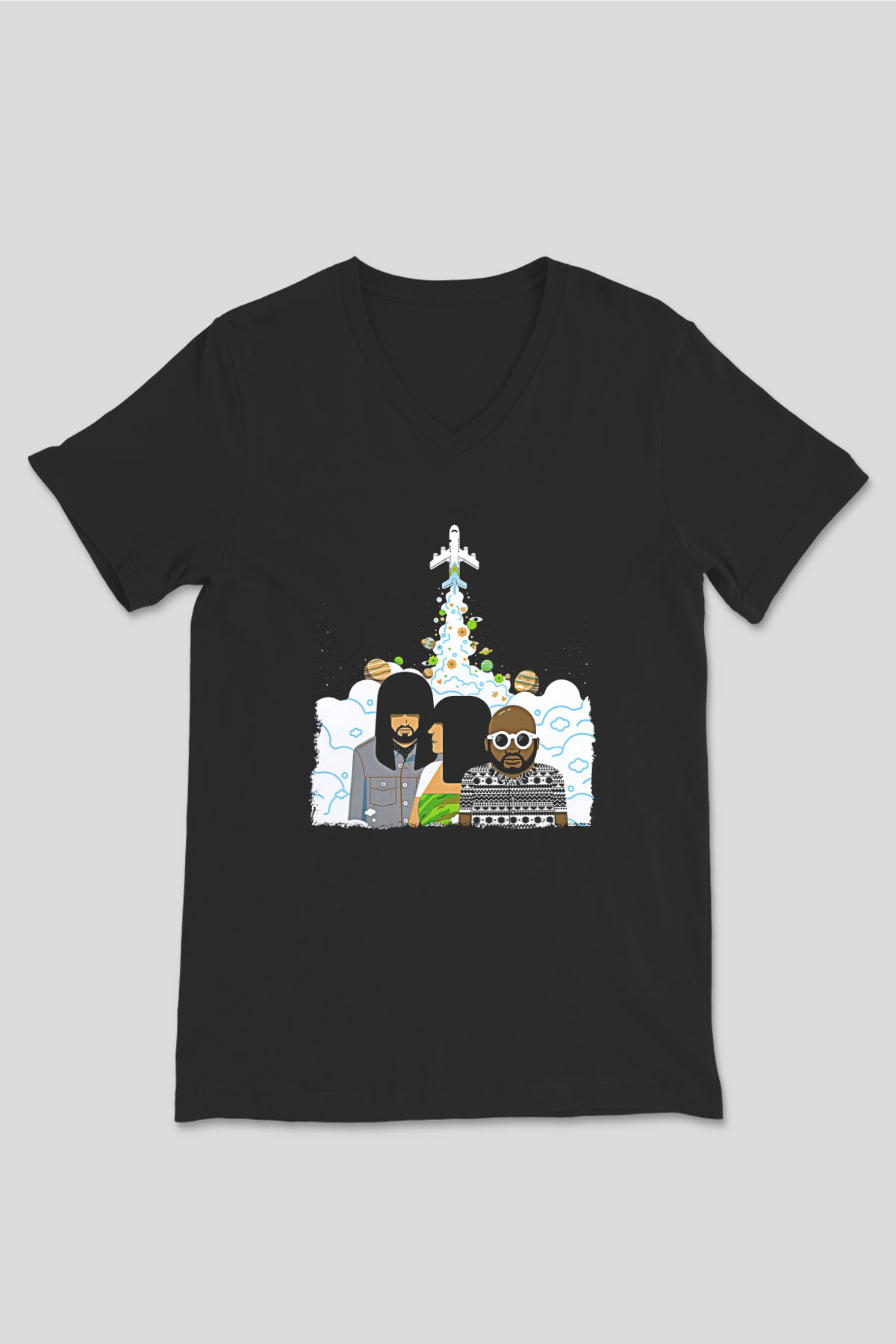 Khruanybin Baskılı Unisex Siyah V Yaka Tişört - Tshirt