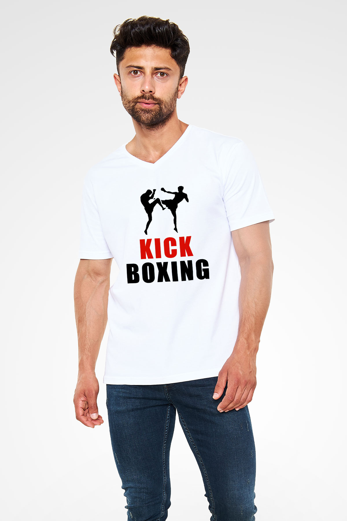 Kick boks Beyaz Unisex V Yaka Tişört T-Shirt