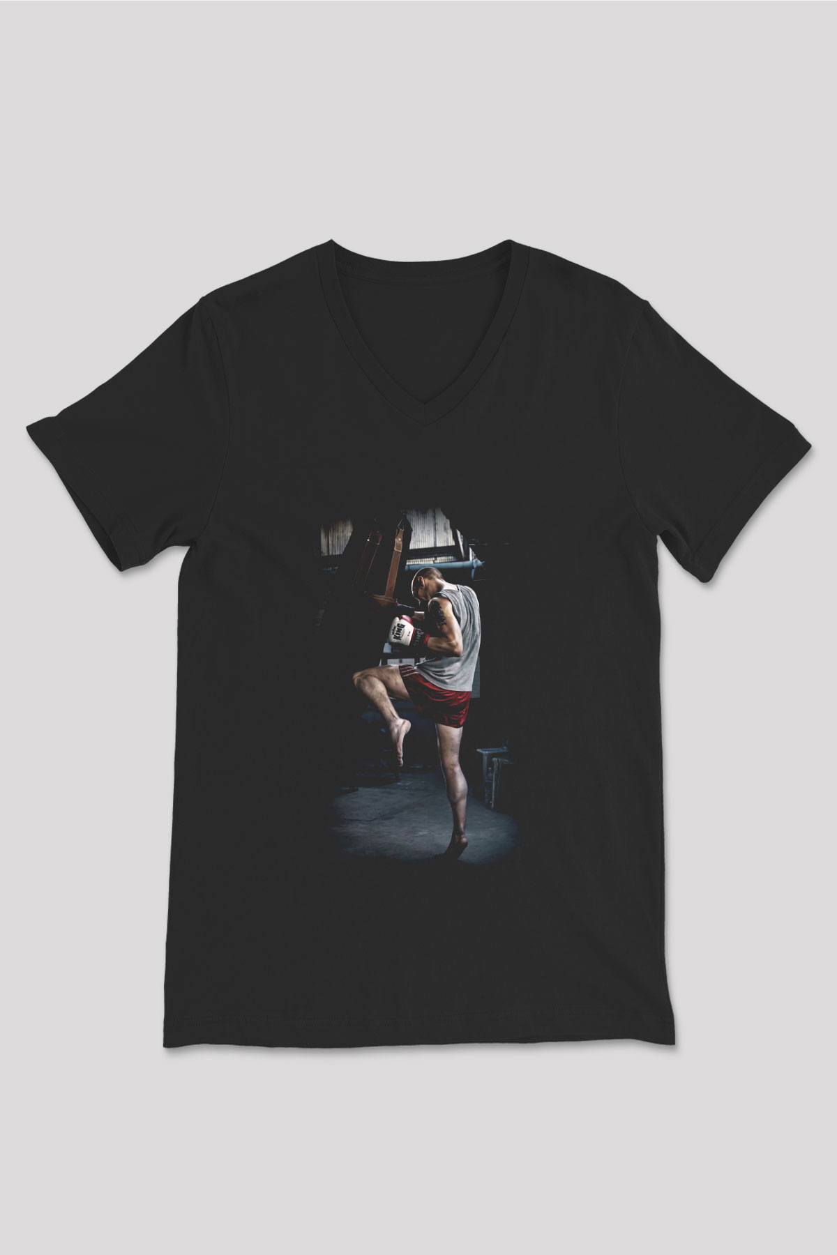 Kick boks Siyah Unisex V Yaka Tişört T-Shirt