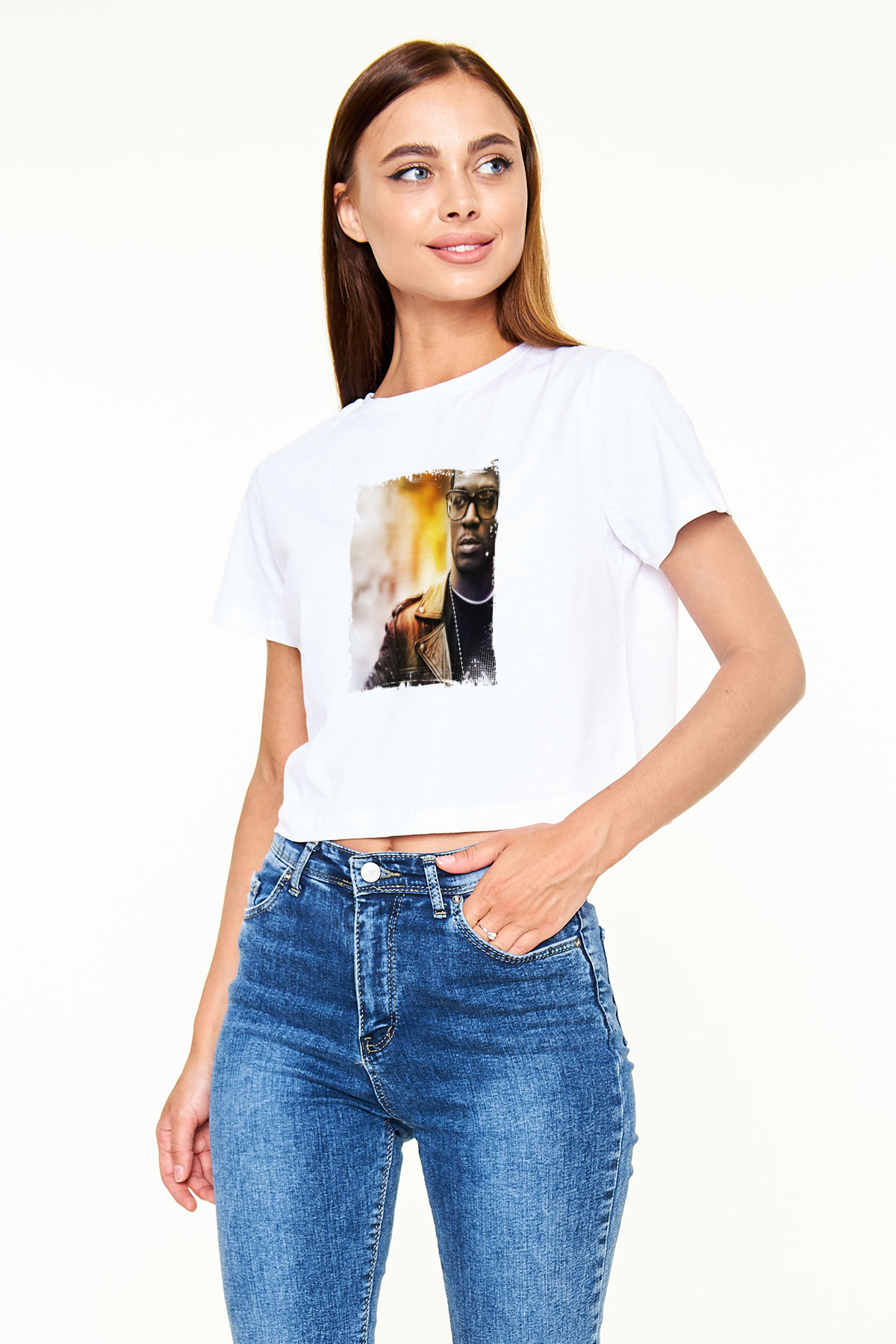 Kid Cudi Baskılı Beyaz Kadın Crop Top Tişört