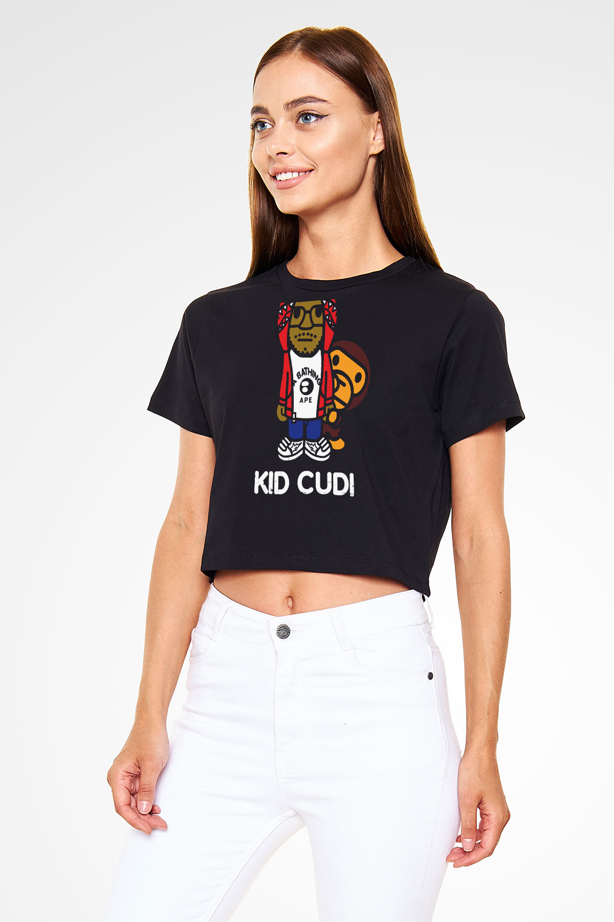 Kid Cudi Baskılı Crop Top Siyah Kadın Tişört