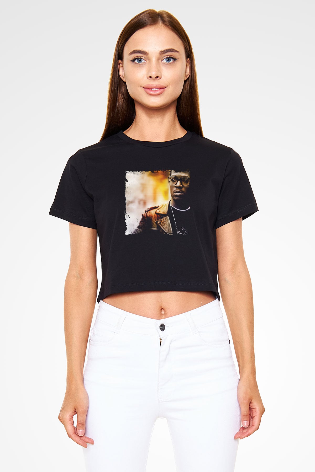 Kid Cudi Baskılı Crop Top Siyah Kadın Tişört