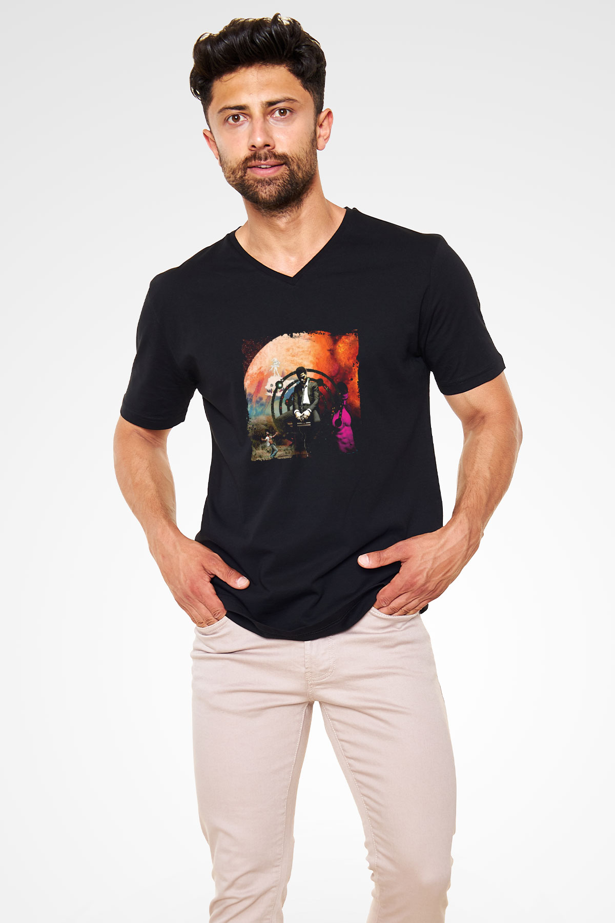 Kid Cudi Baskılı Unisex Siyah V Yaka Tişört