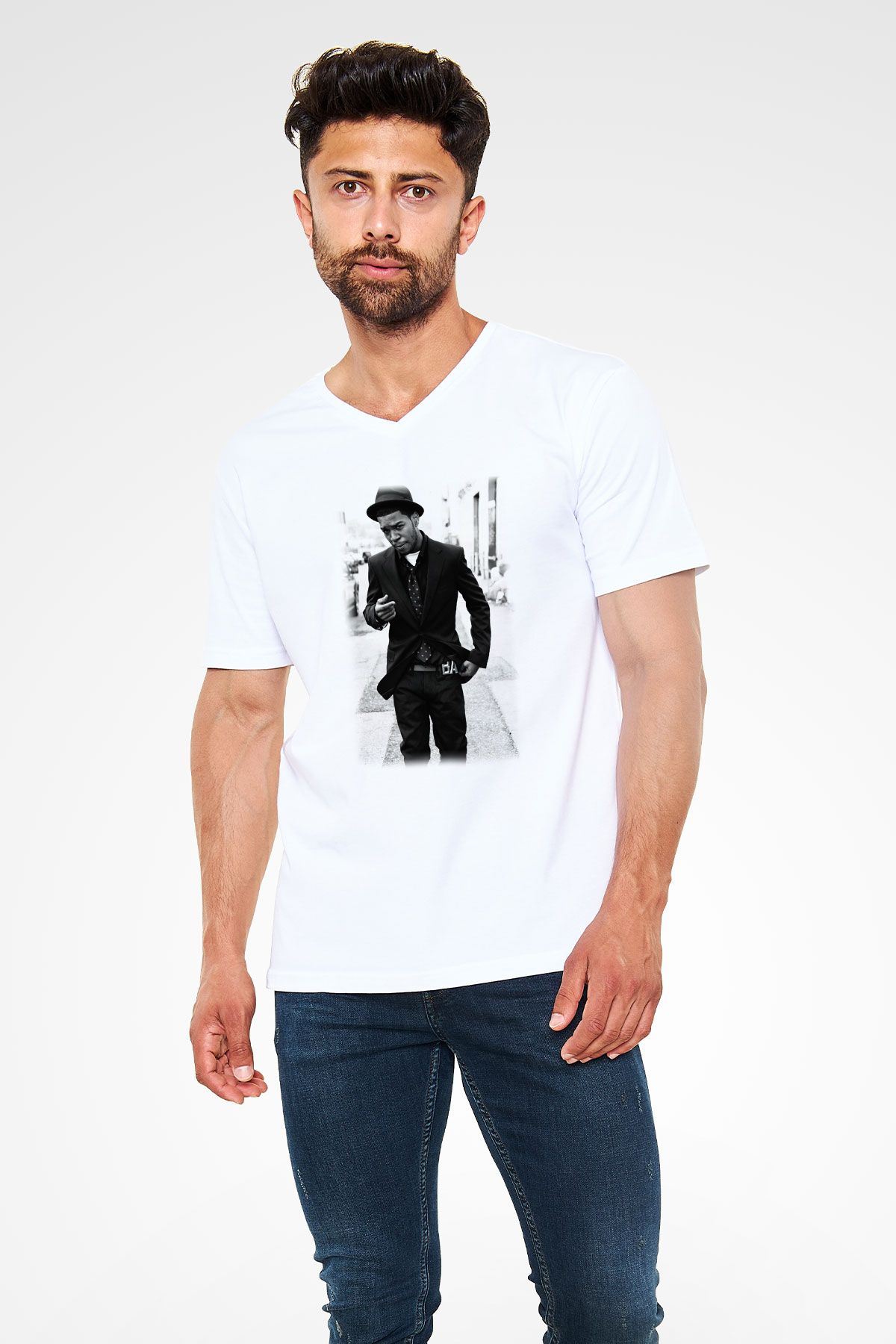 Kid Cudi Beyaz Unisex V Yaka Tişört T-Shirt
