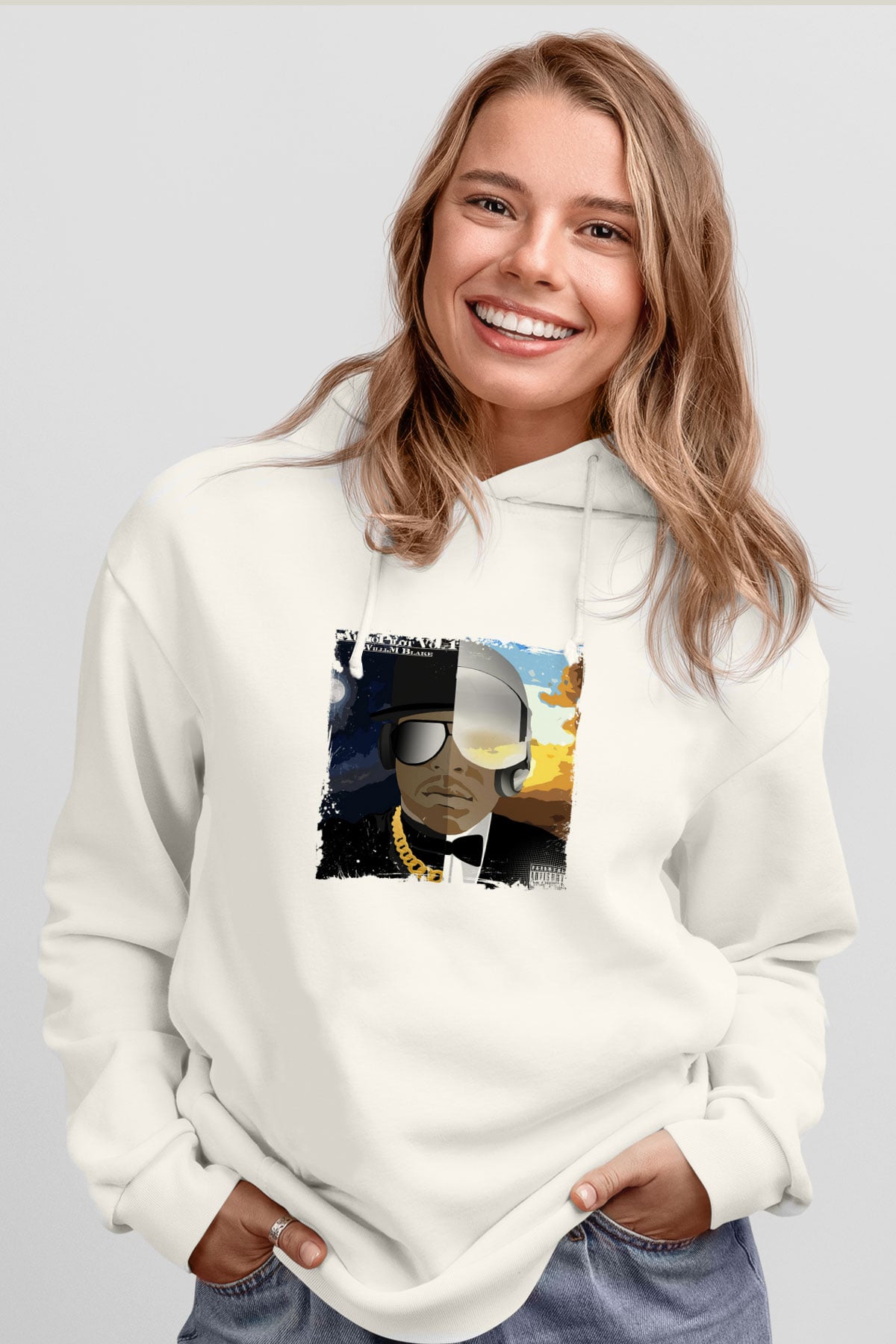 Kid n Play Baskılı Unisex Beyaz Kapüşonlu Sweatshirt