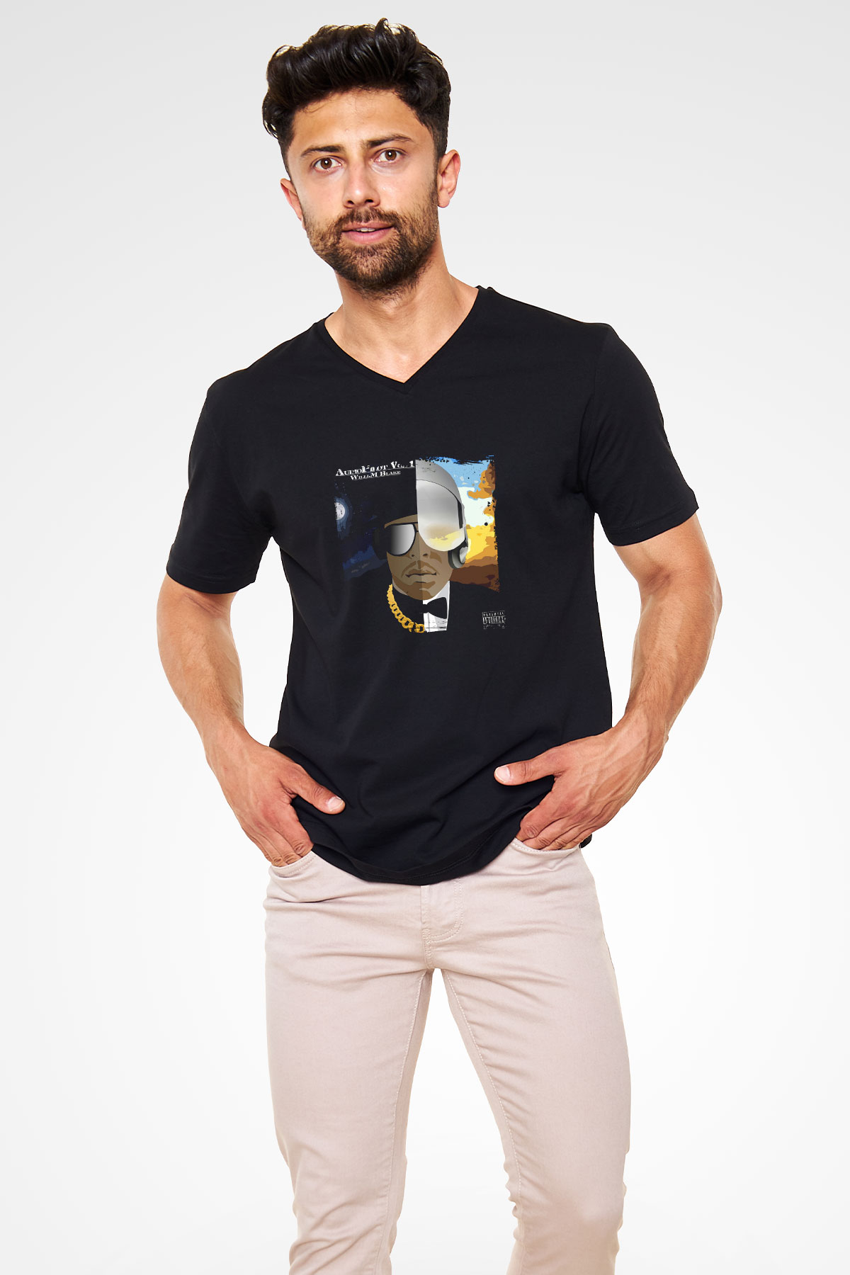Kid n Play Baskılı Unisex Siyah V Yaka Tişört