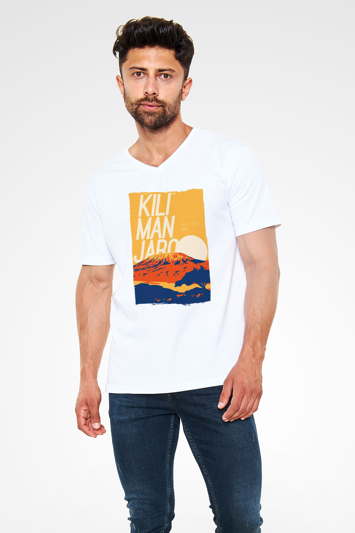 Kilimanjaro Beyaz Unisex V Yaka Tişört