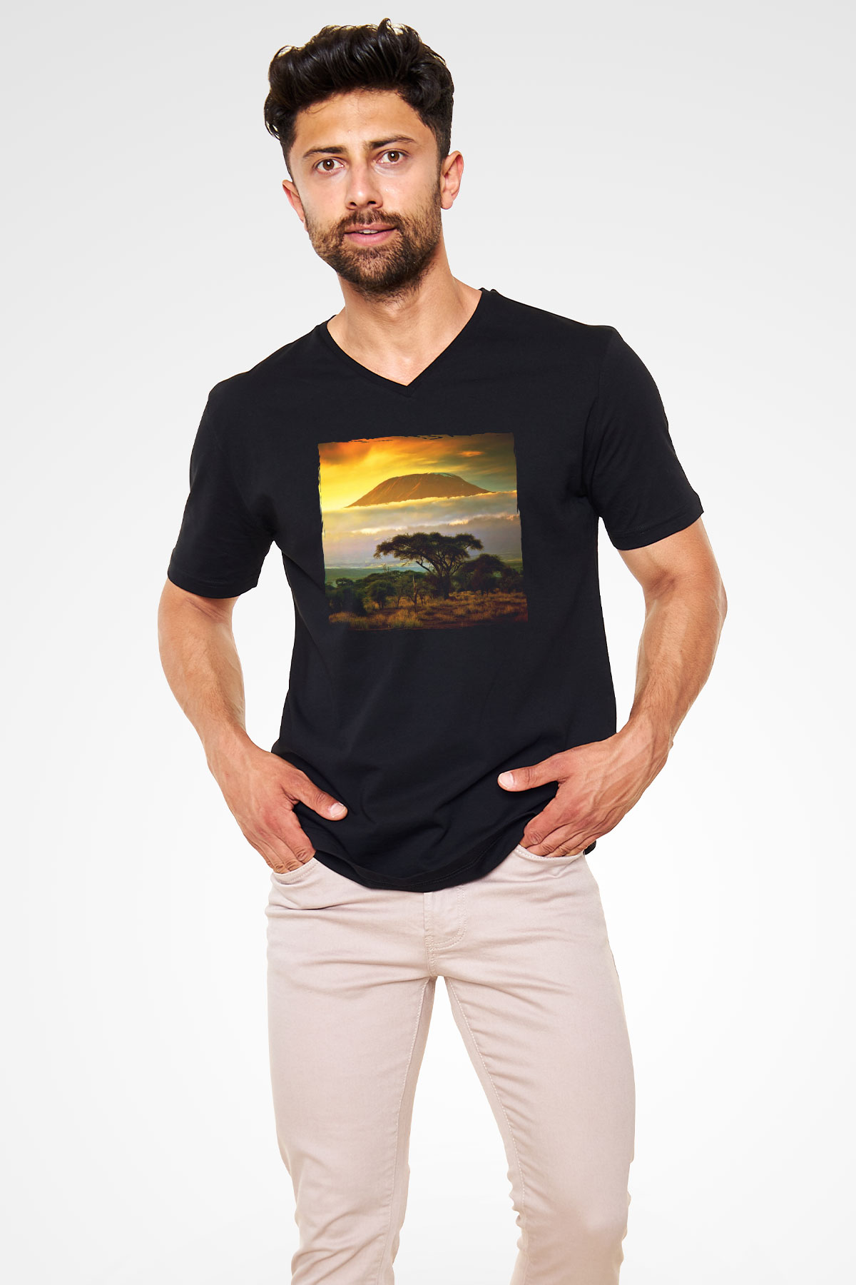 Kilimanjaro Siyah Unisex V Yaka Tişört