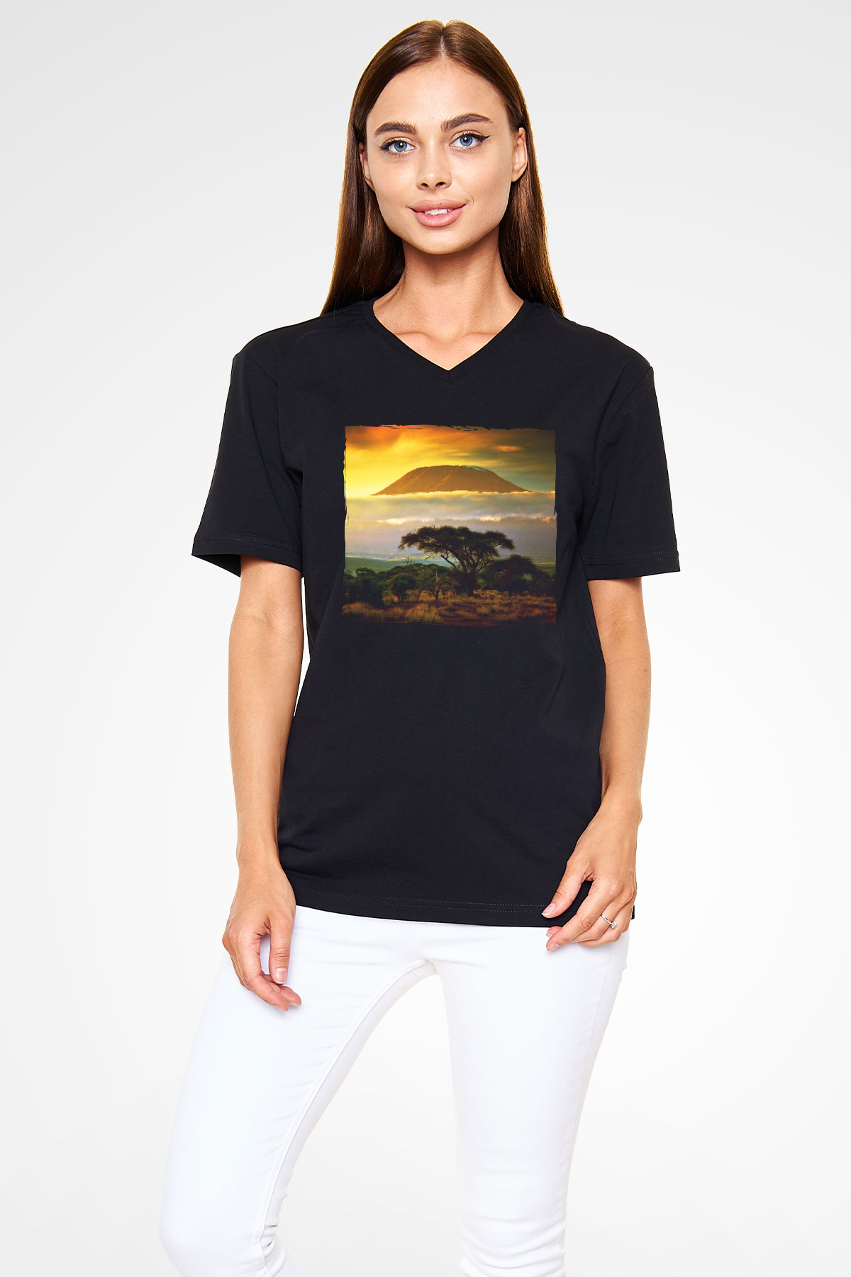 Kilimanjaro Siyah Unisex V Yaka Tişört