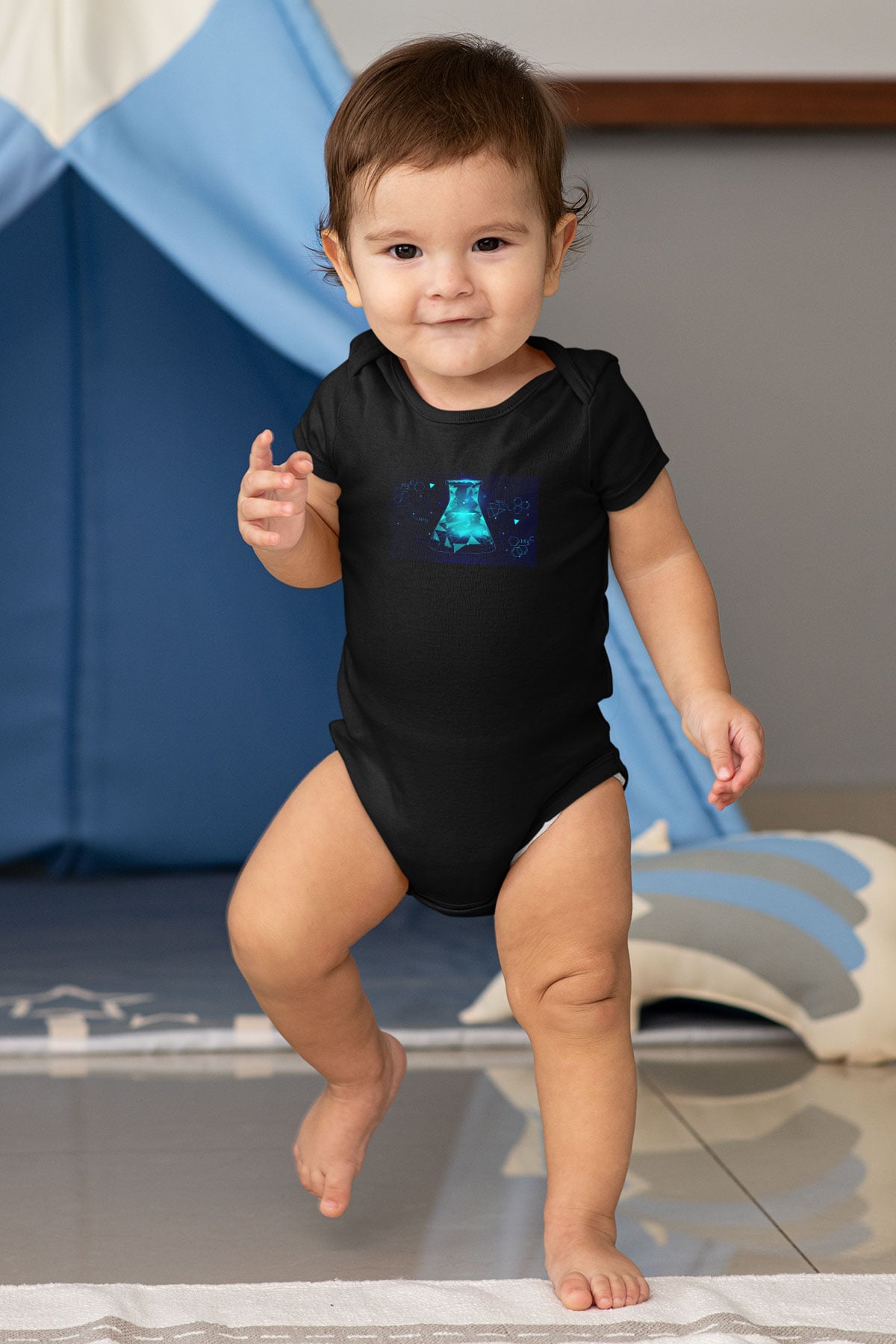 Kimya Deney Tüpü Ve Bağlar Baskılı Unisex Siyah Bebek Body - Zıbın