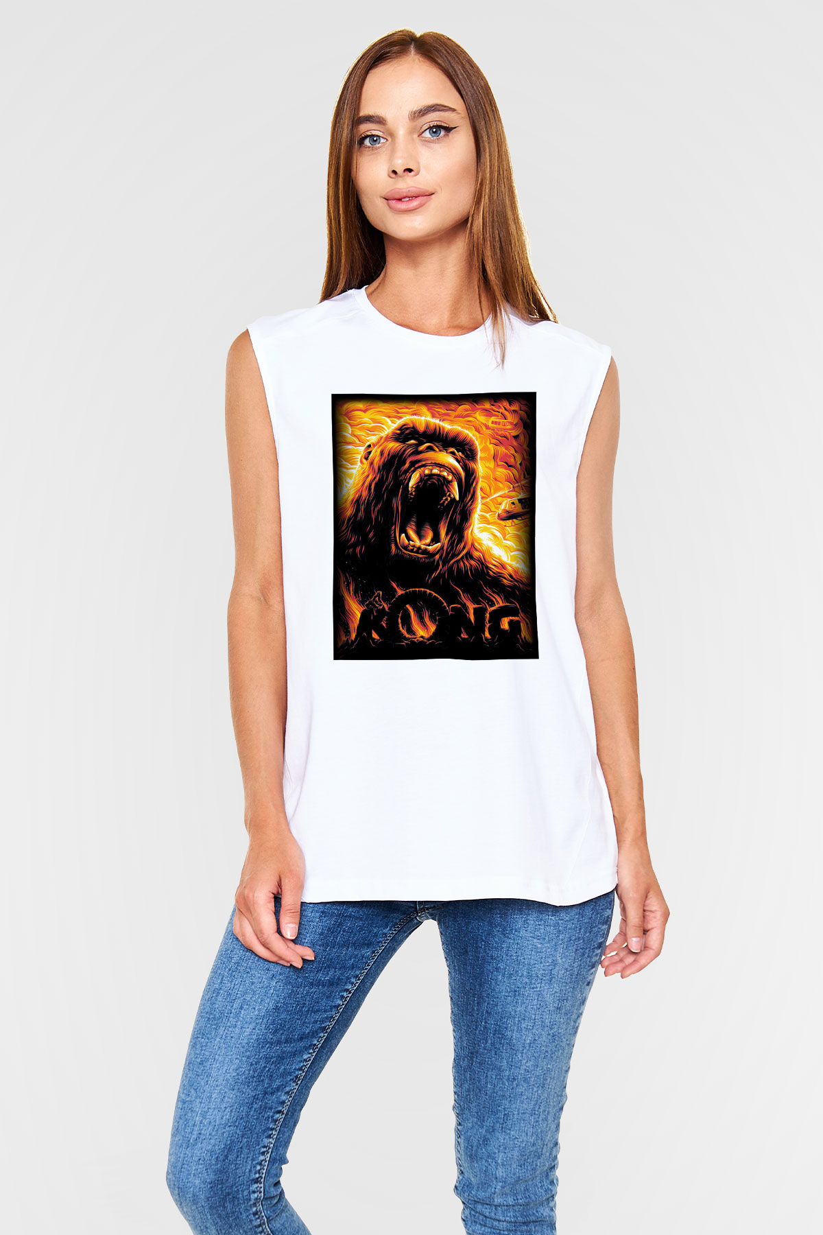 King Kong Beyaz Unisex Kolsuz Tişört