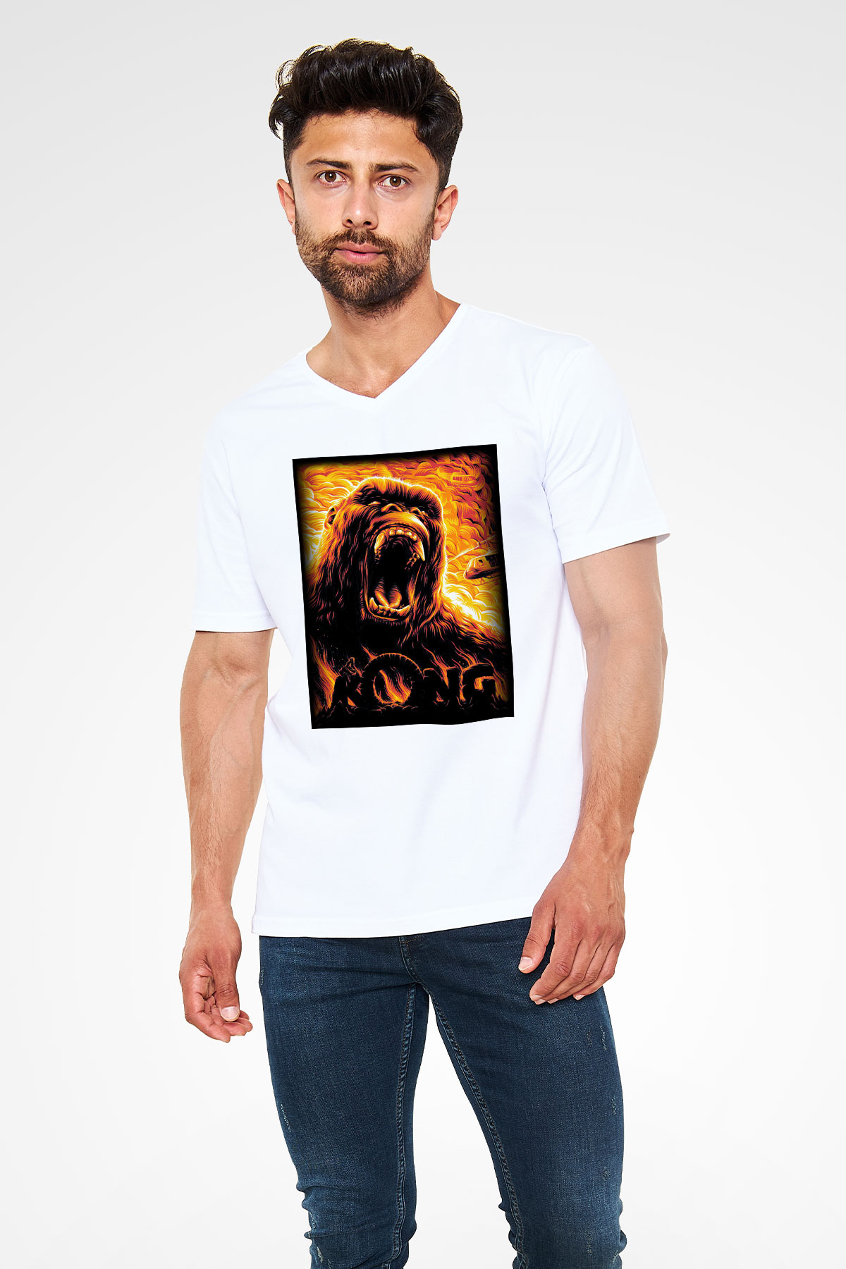 King Kong Beyaz Unisex V Yaka Tişört T-Shirt