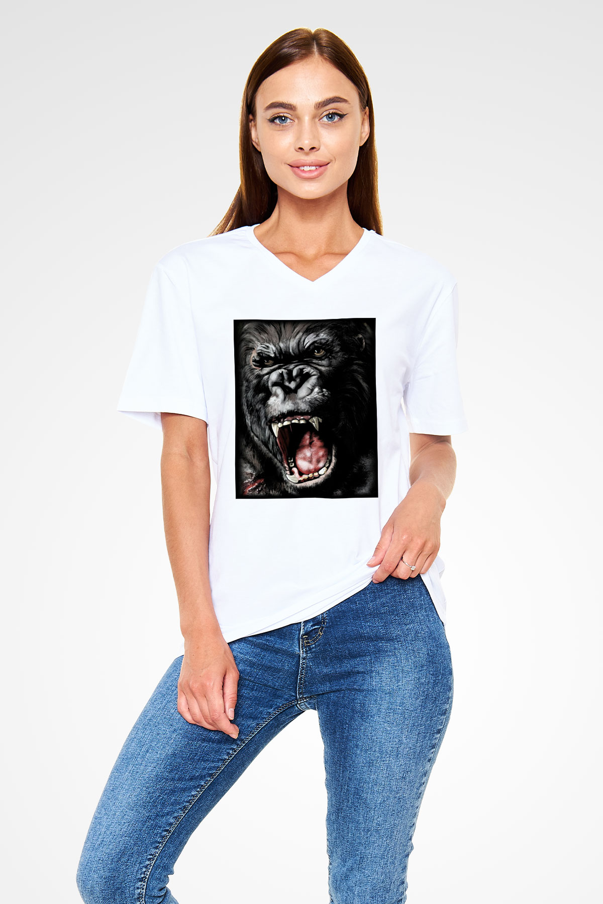 King Kong Beyaz Unisex V Yaka Tişört T-Shirt
