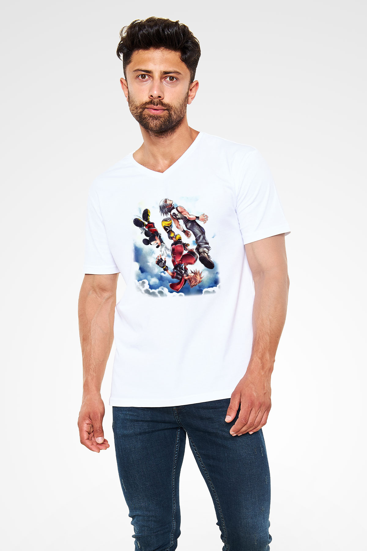 Kingdom Hearts Beyaz Unisex V Yaka Tişört T-Shirt