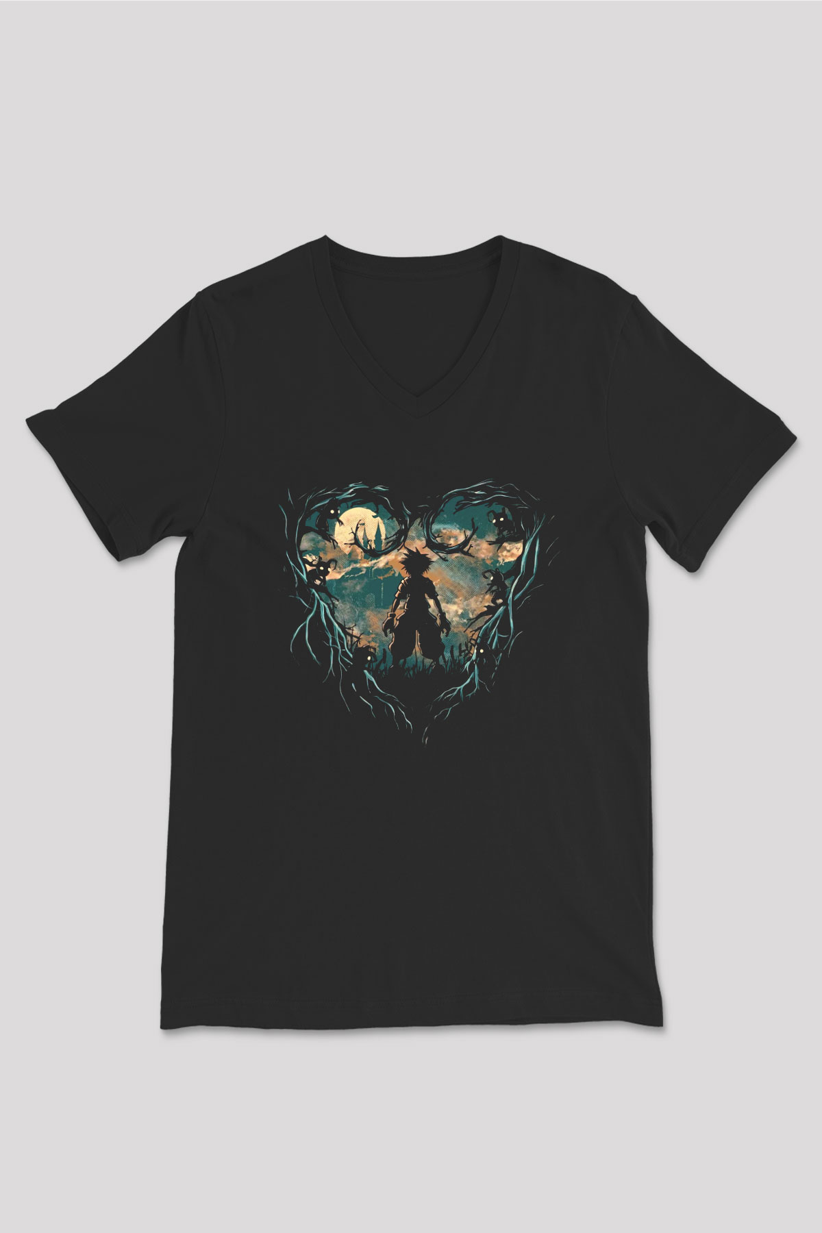 Kingdom Hearts Siyah Unisex V Yaka Tişört