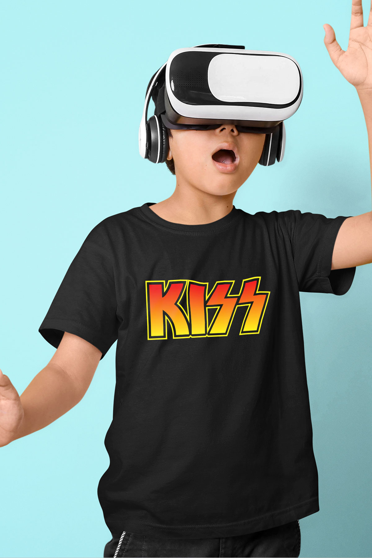 Kiss Baskılı Siyah Unisex Çocuk Tişört
