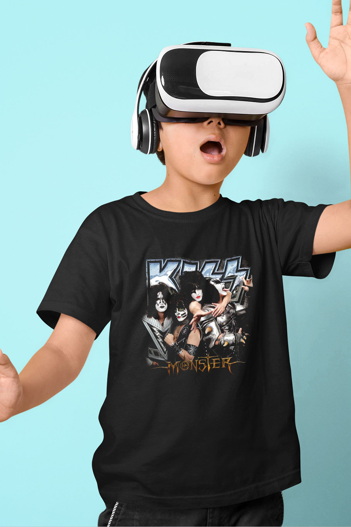 Kiss Baskılı Siyah Unisex Çocuk Tişört