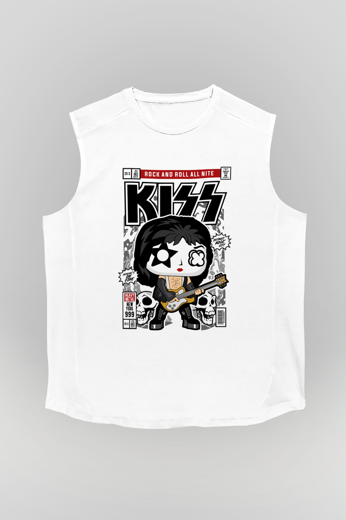 Kiss Baskılı Unisex Beyaz Kolsuz Tişört