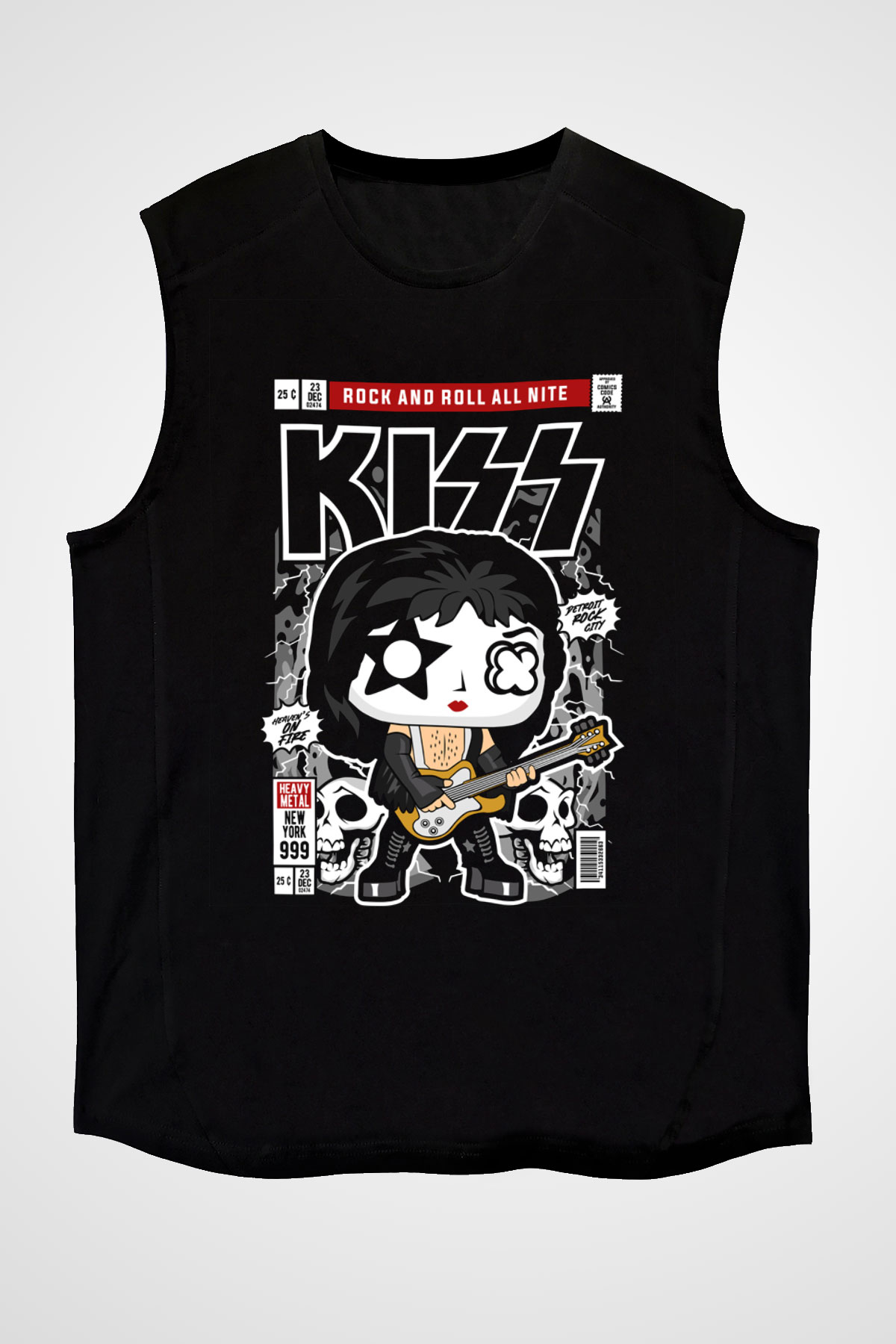 Kiss Baskılı Unisex Siyah Kolsuz Tişört