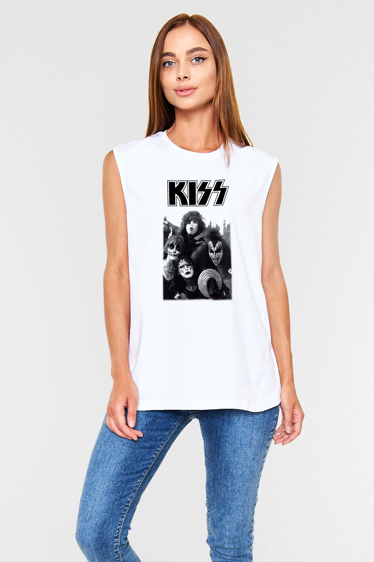 Kiss Beyaz Unisex Kolsuz Tişört