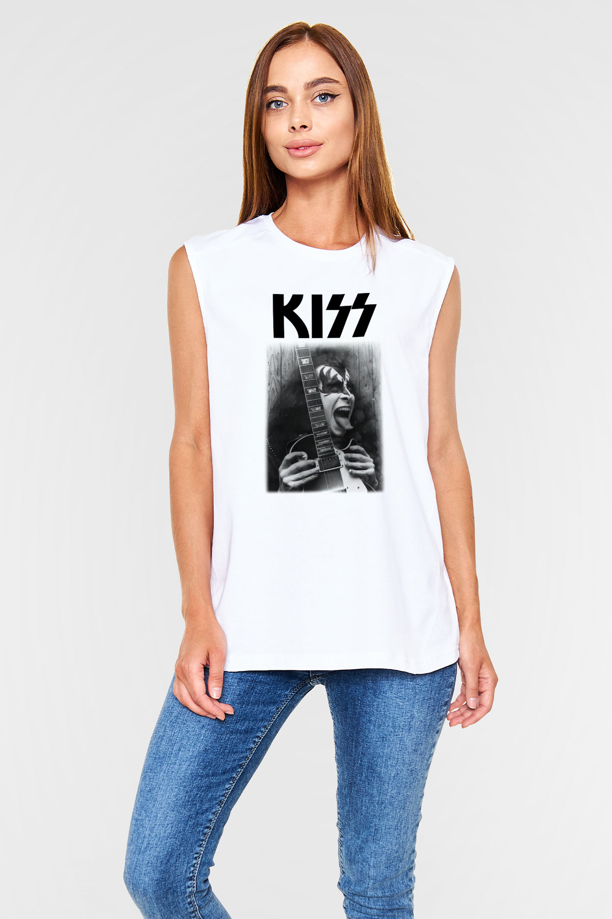 Kiss Beyaz Unisex Kolsuz Tişört