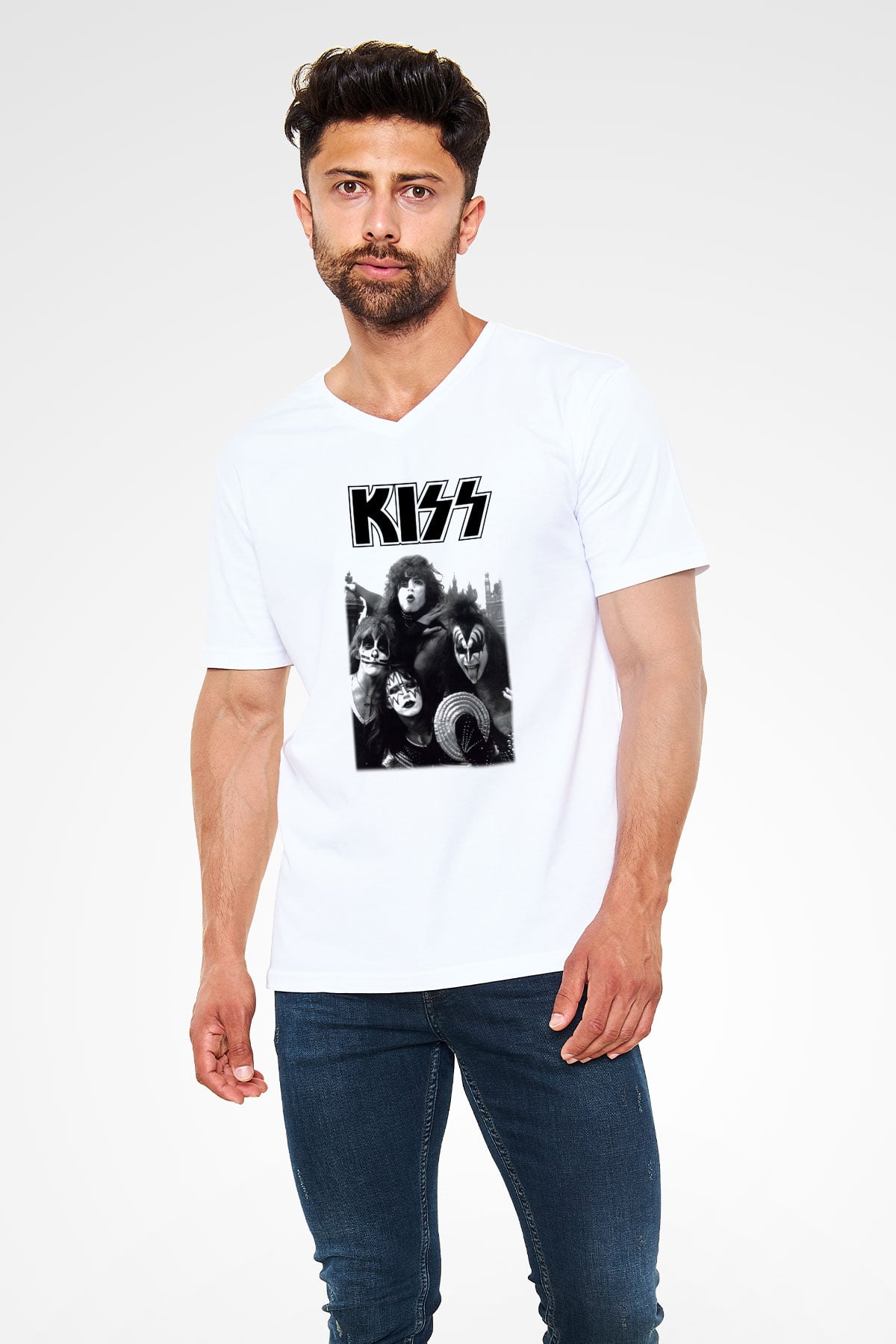 Kiss Beyaz Unisex V Yaka Tişört T-Shirt