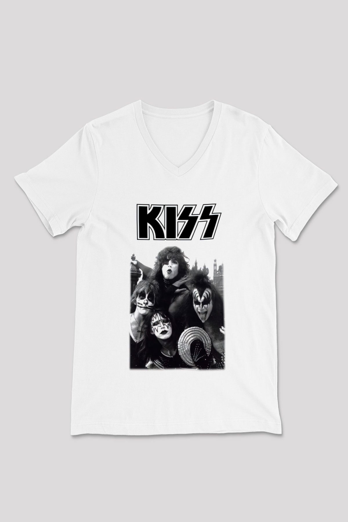 Kiss Beyaz Unisex V Yaka Tişört T-Shirt