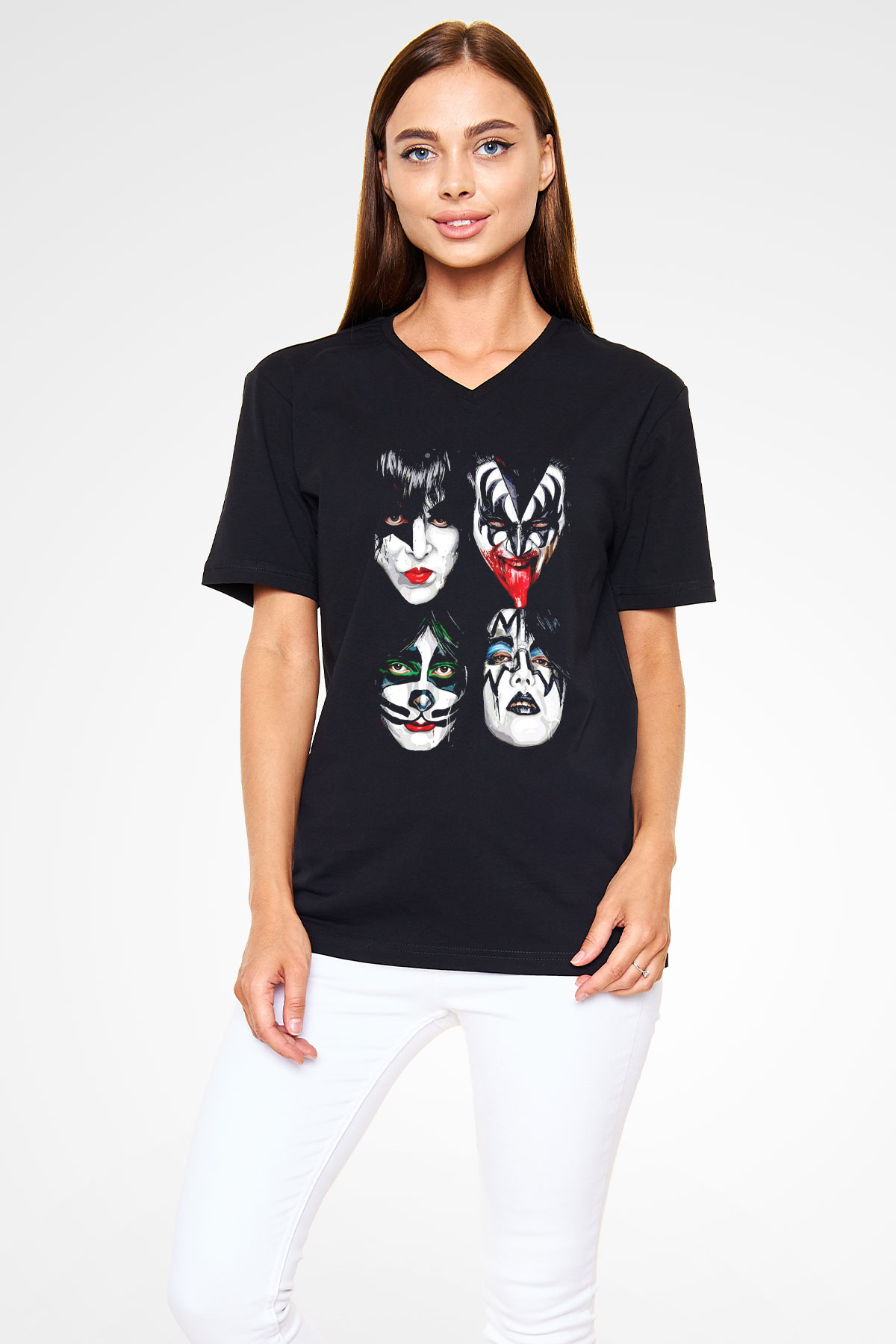 Kiss Siyah Unisex V Yaka Tişört