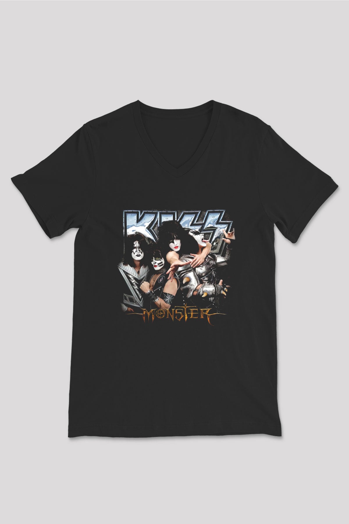 Kiss Siyah Unisex V Yaka Tişört T-Shirt