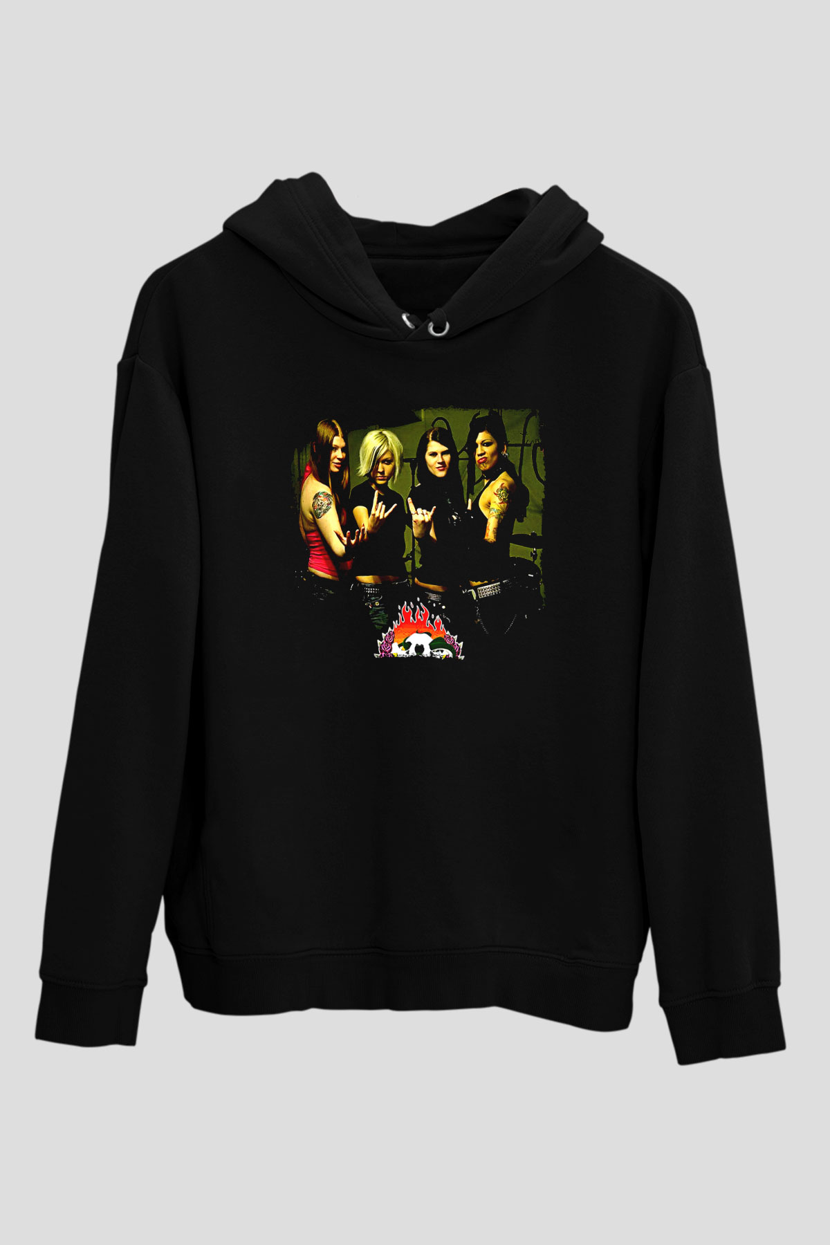 Kittie Baskılı Unisex Siyah Kapüşonlu Sweatshirt