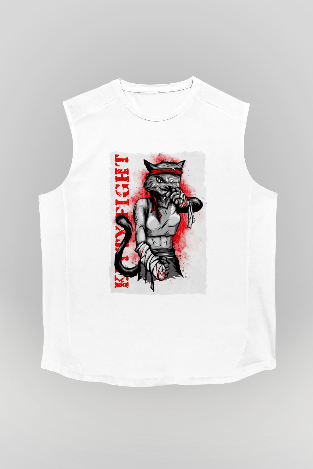 Kitty Fight Baskılı Unisex Beyaz  Kolsuz Tişört