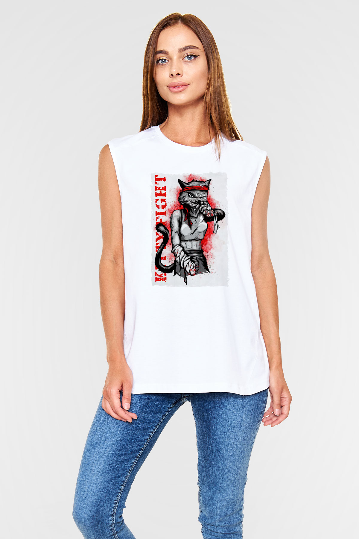 Kitty Fight Baskılı Unisex Beyaz  Kolsuz Tişört