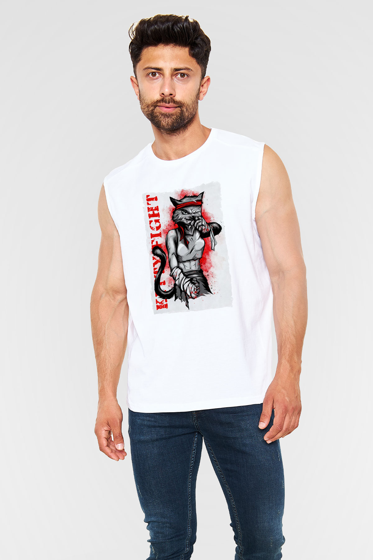 Kitty Fight Baskılı Unisex Beyaz  Kolsuz Tişört