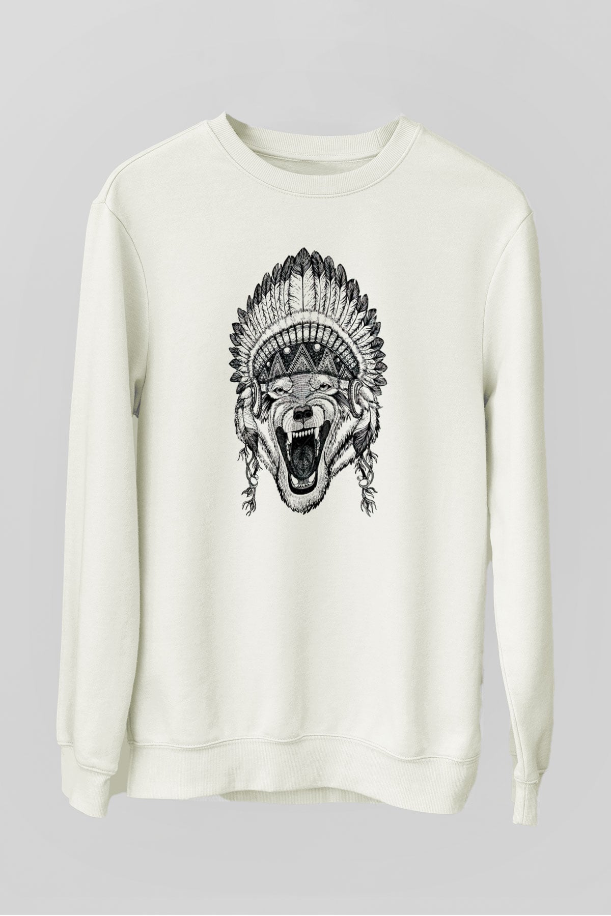 Kızılderili Kurt Baskılı Unisex Beyaz  Sweatshirt