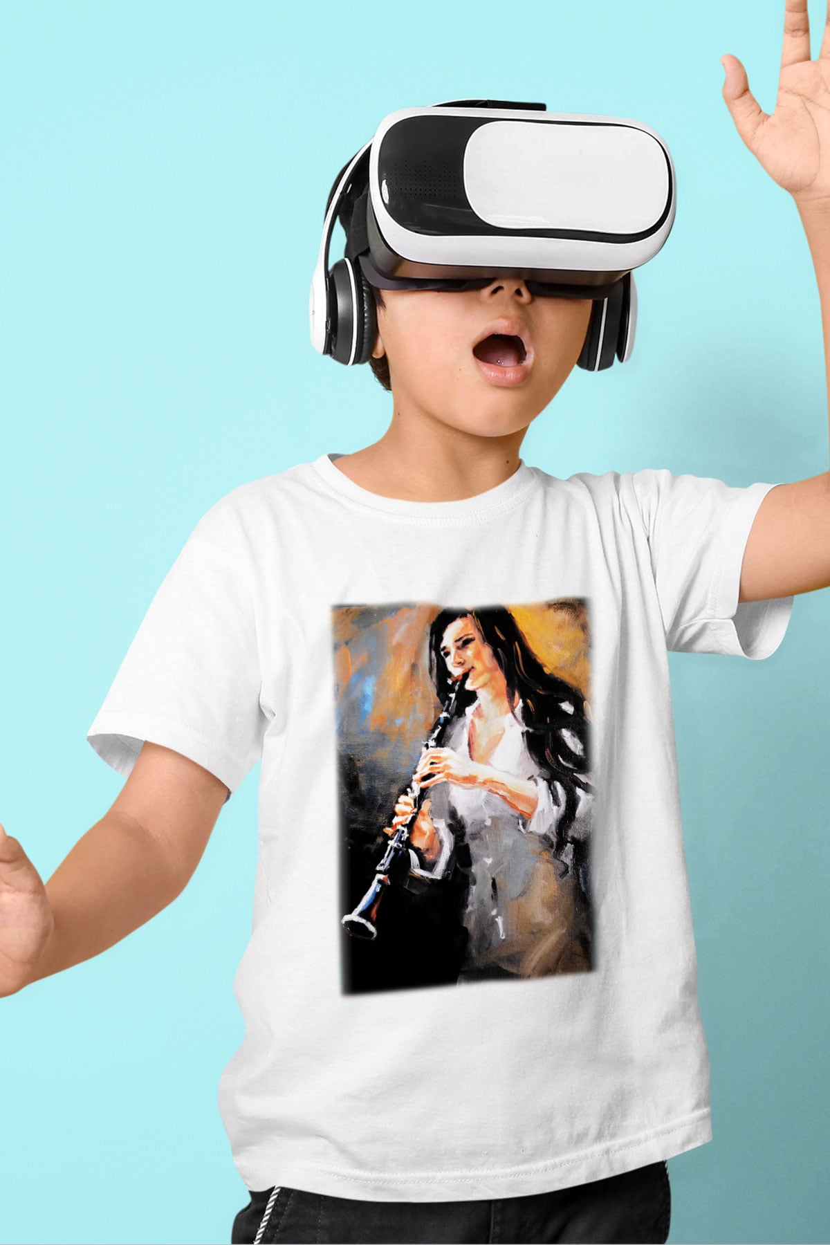 Klarnetçi Baskılı Beyaz Unisex Çocuk Tişört