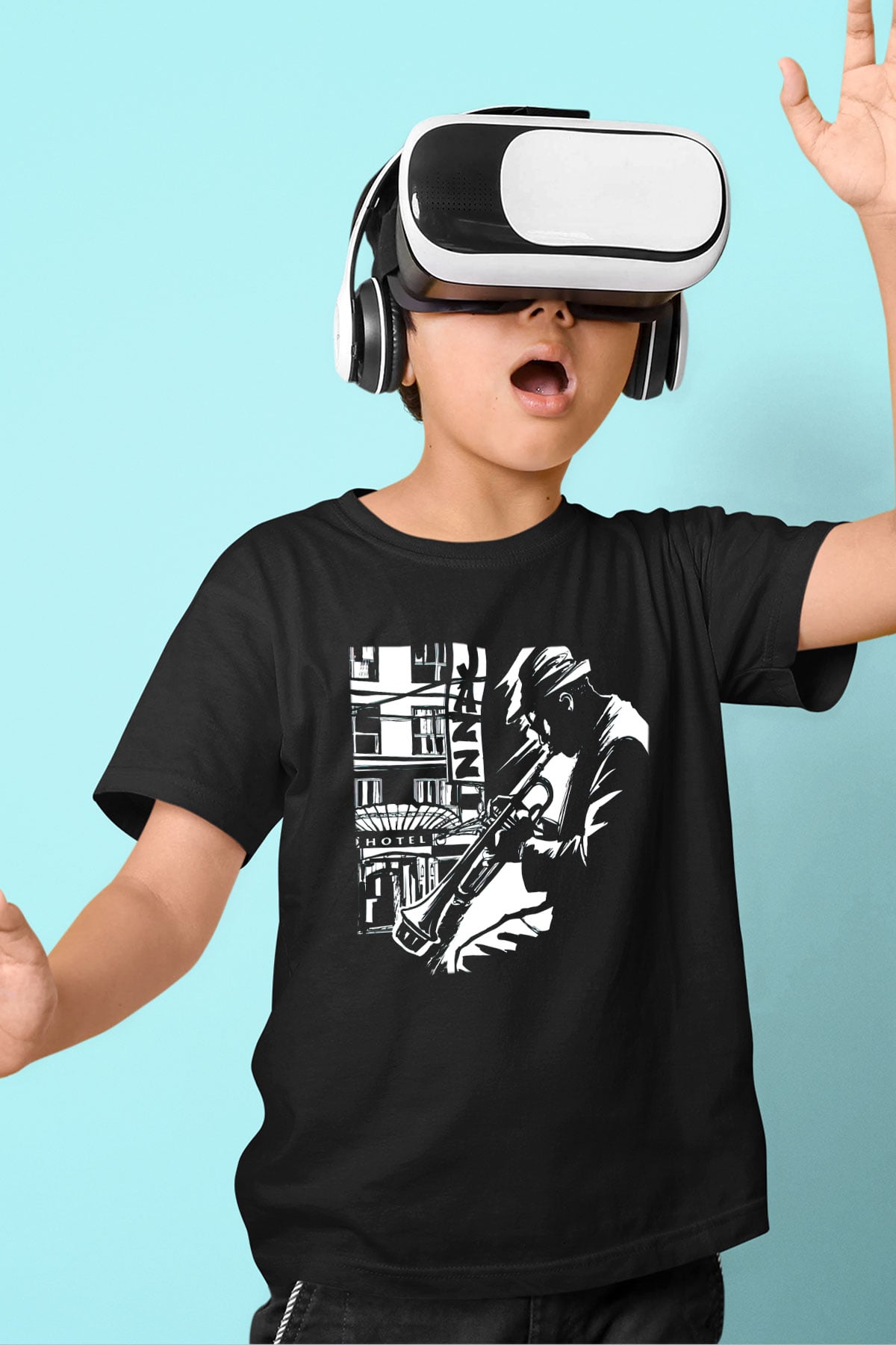 Klarnetçi Baskılı Siyah Unisex Çocuk Tişört