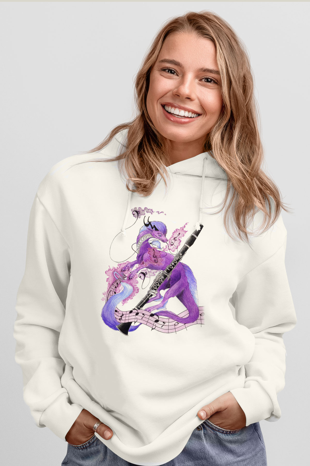 Klarnetçi Beyaz Unisex Hoodie