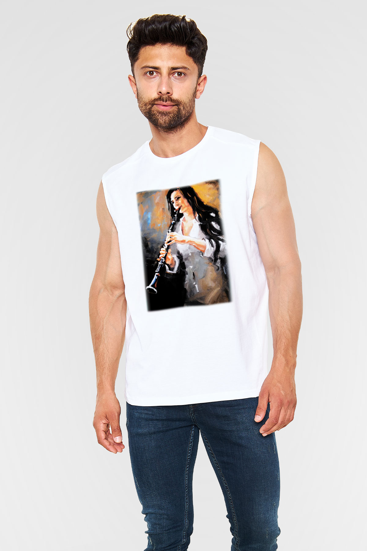 Klarnetçi Beyaz Unisex Kolsuz Tişört
