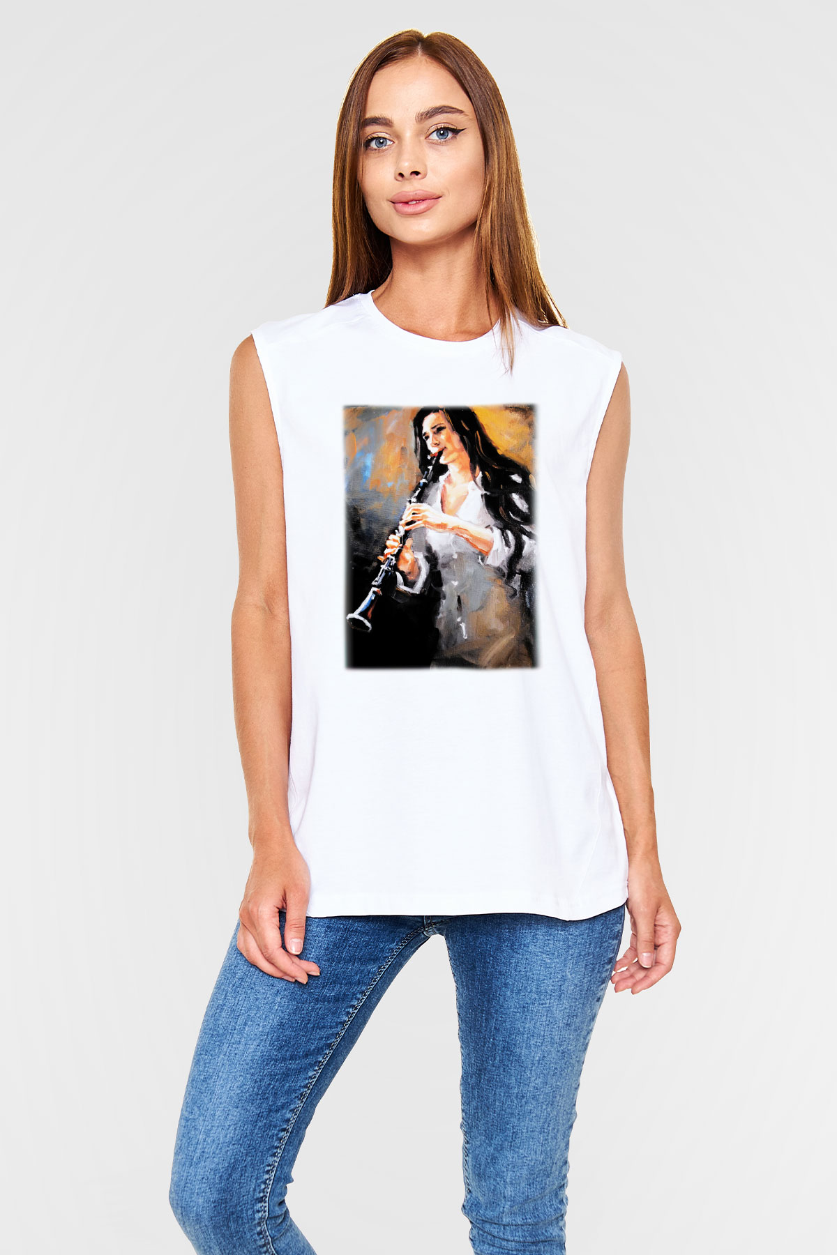 Klarnetçi Beyaz Unisex Kolsuz Tişört