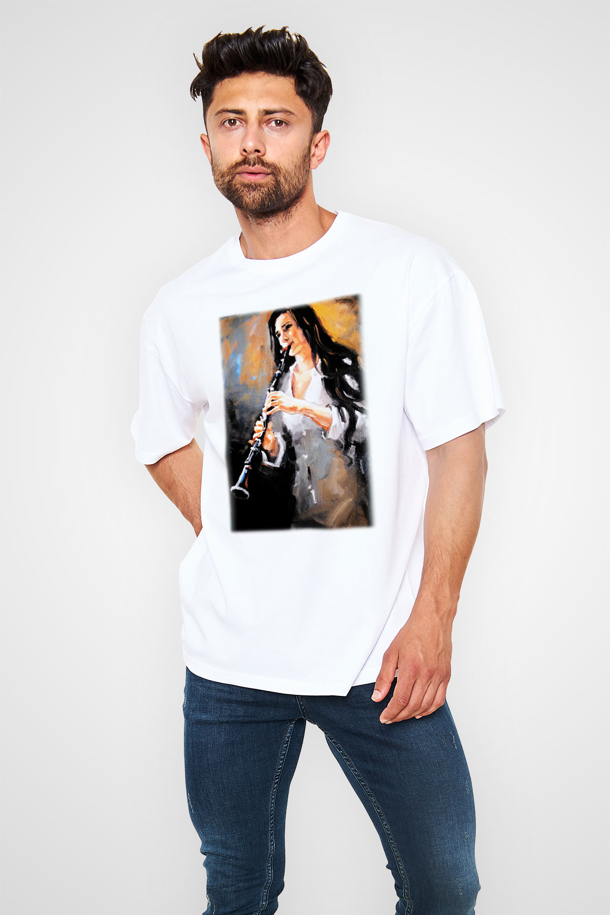 Klarnetçi Beyaz Unisex Oversize Tişört T-Shirt