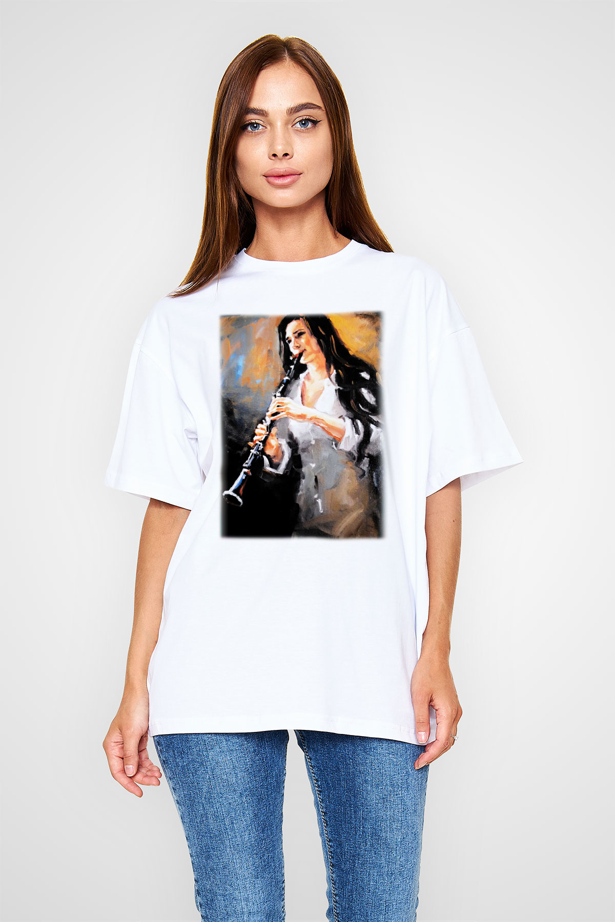 Klarnetçi Beyaz Unisex Oversize Tişört T-Shirt